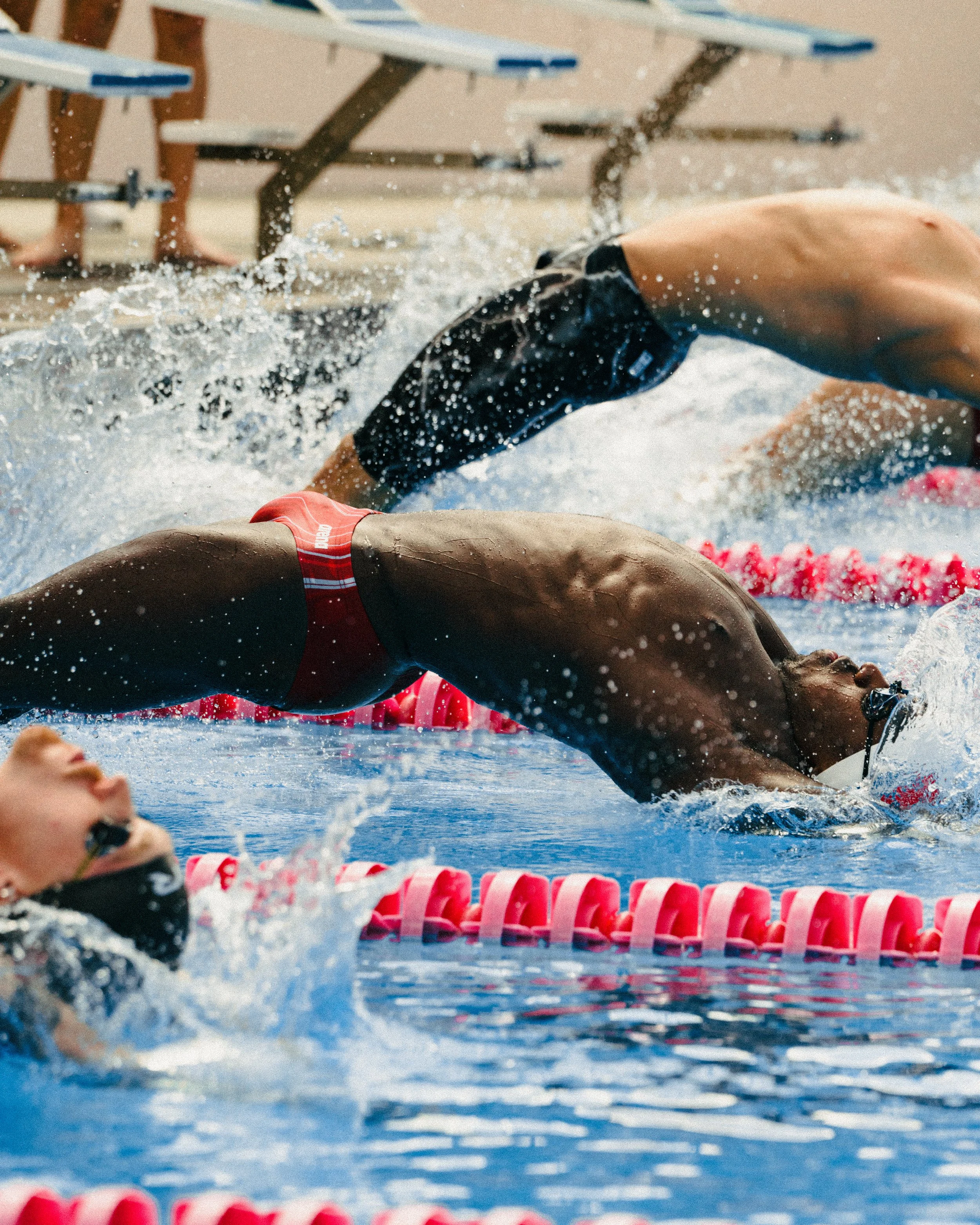 Swimmers competing in a race, performing the butterfly stroke in an indoor swimming pool with pink lane ropes.