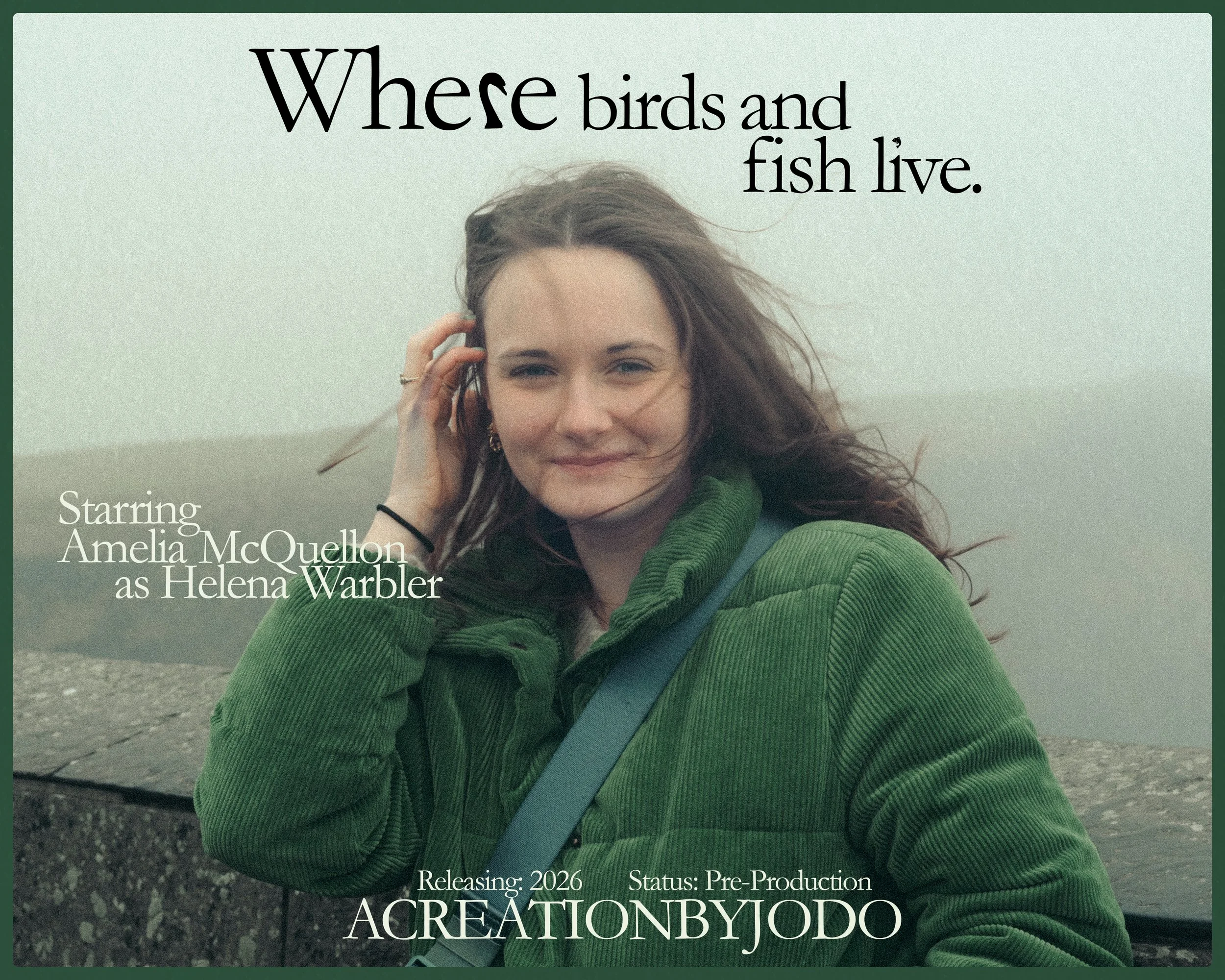 A promotional poster featuring a woman with long brown hair, smiling, with a grassy green jacket, standing outdoors near water with a cloudy sky, and text about a movie titled 'Where birds and fish live,' starring Amelia McQuellon as Helena Warbler, releasing in 2026, with pre-production status.