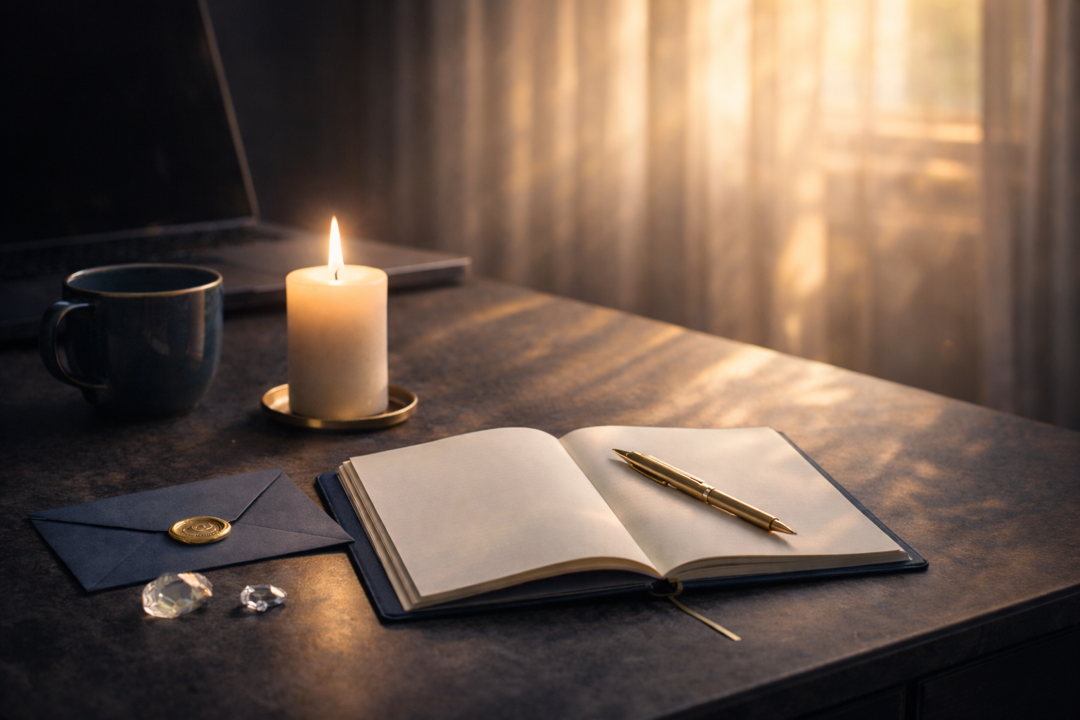 A guest book neatly laid out on a candlelit table
