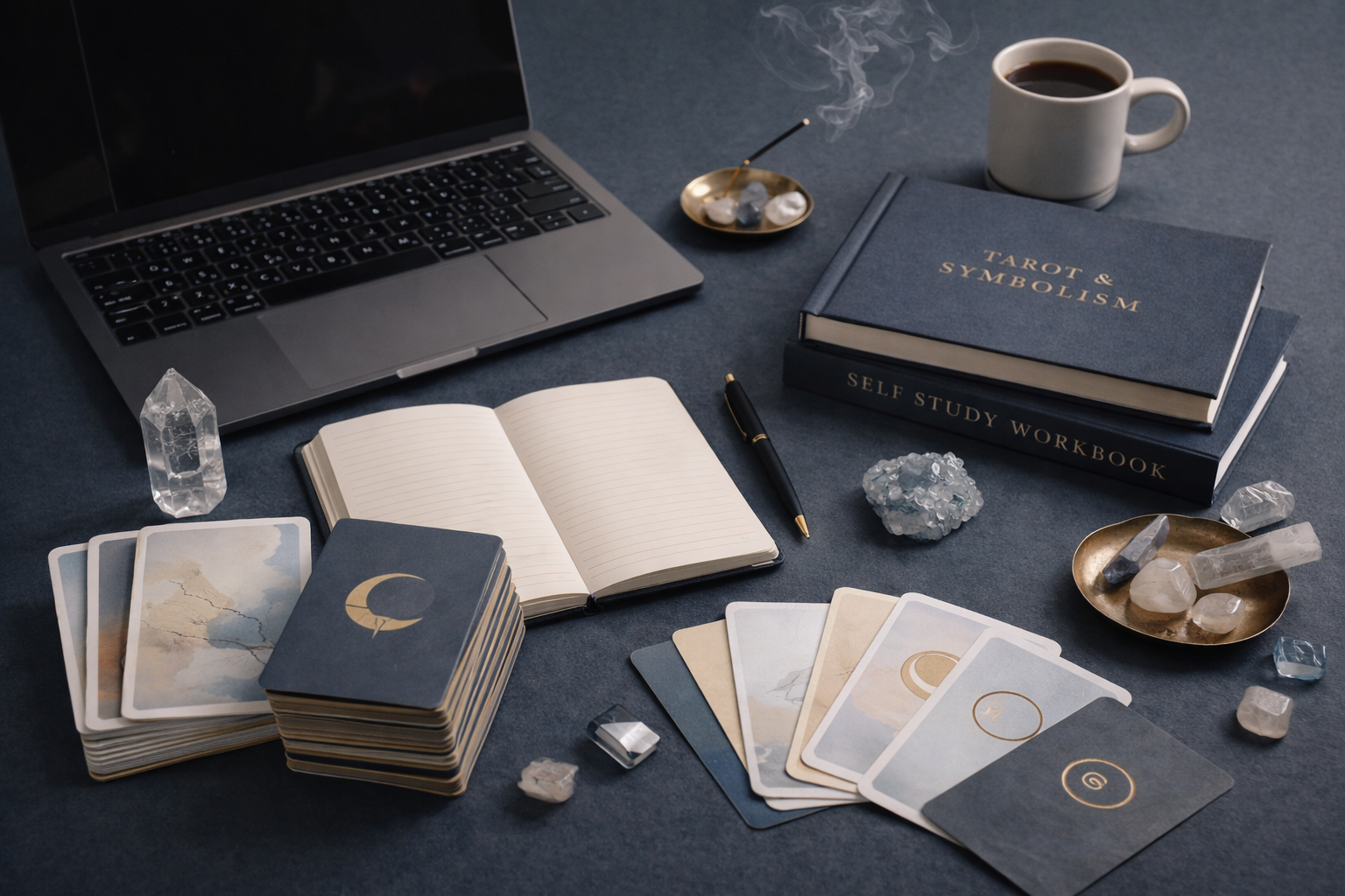 Tarot cards laid out on a table with natural light and crystals for self study
