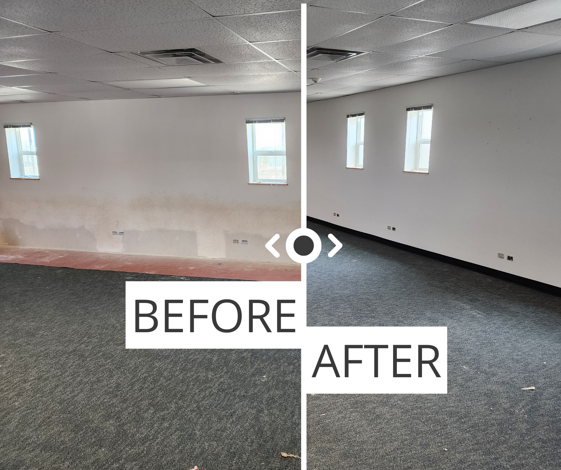 Before and after commercial renovation including drywall repair, painting, and flooring by Evolution Drywall & Restoration