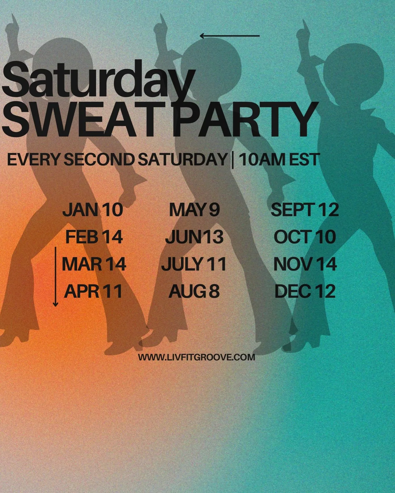 Your Saturdays just got better.

Introducing: 2nd Saturdays with Liv Fit Groove
A feel-good cardio dance class to jump-start your weekend and your fitness journey.

✨ Come as you are
✨ Move with intention
✨ Leave feeling aligned

🗓 Every 2nd Saturda