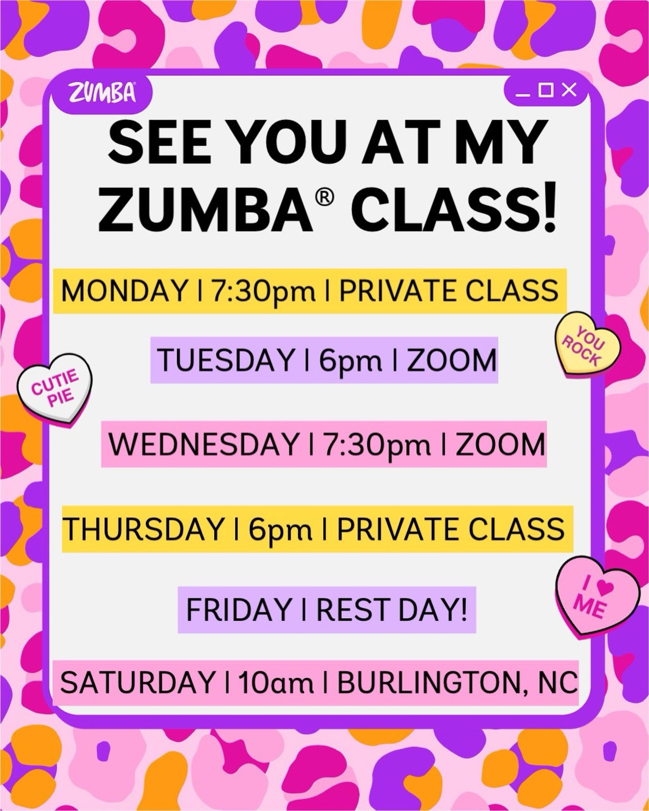 Busy weeks = blessed weeks at Liv Fit Groove 💛✨

Here&rsquo;s how we&rsquo;re moving together:

🔥 Monday &ndash; Private class (yes, you can book your own!)💻 Tuesday &ndash; 6PM on Zoom💻 Wednesday &ndash; 7:30PM on Zoom🔥 Thursday &ndash; Another