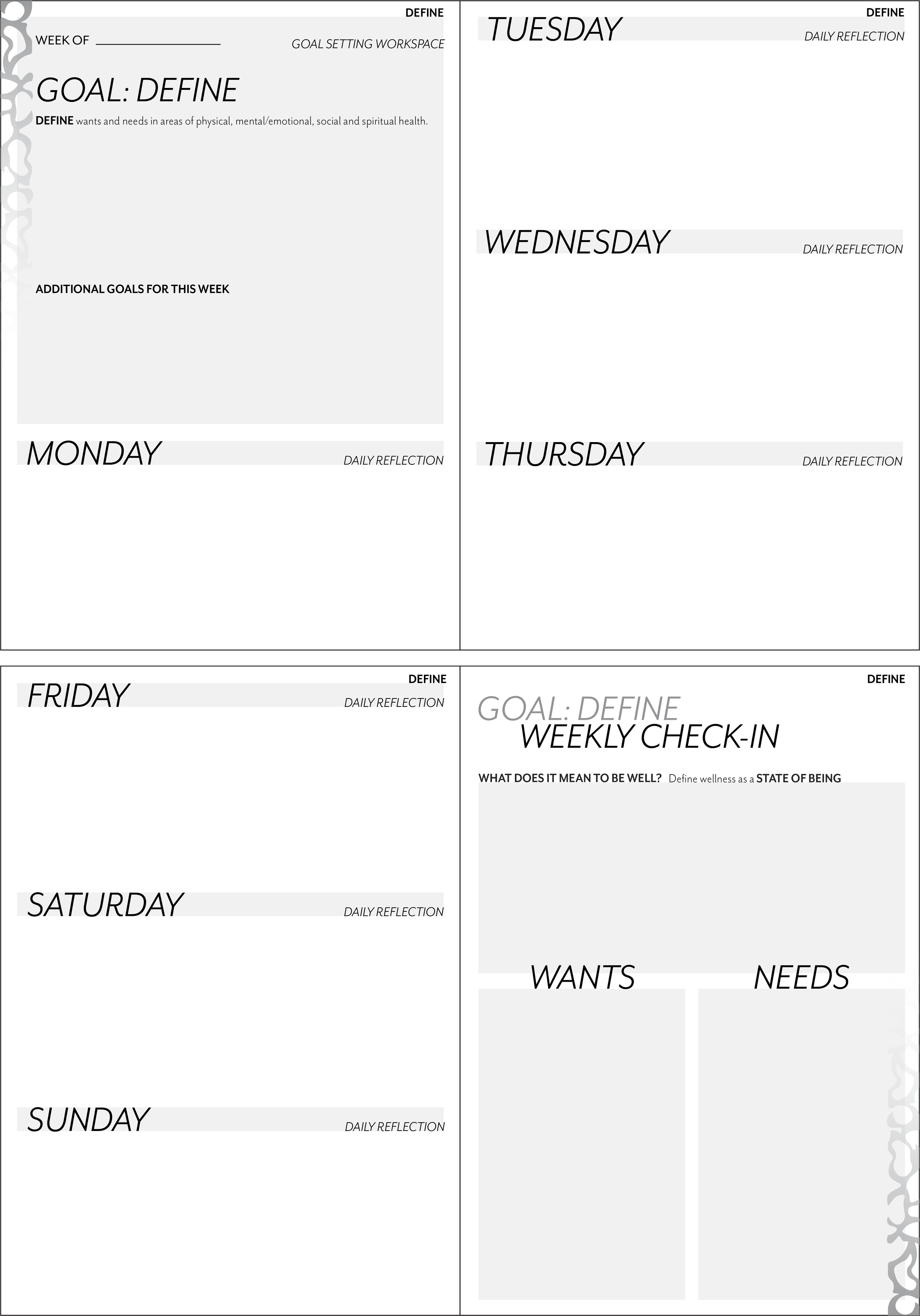 Weekly goal-setting worksheet with sections for defining goals and daily reflections from Monday to Sunday, plus spaces for weekly check-in, wants, and needs.