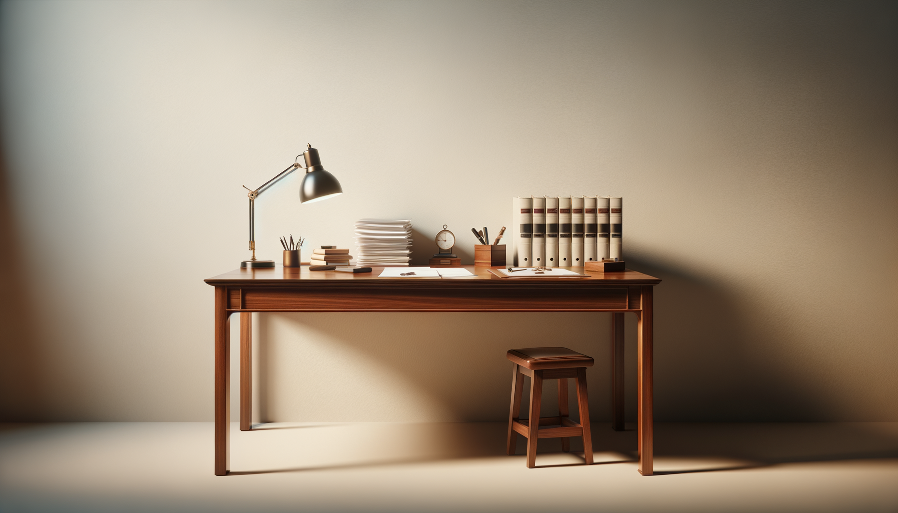 A neatly arranged wooden desk with a black desk lamp, stacks of papers, notebooks, a small clock, and several binders.