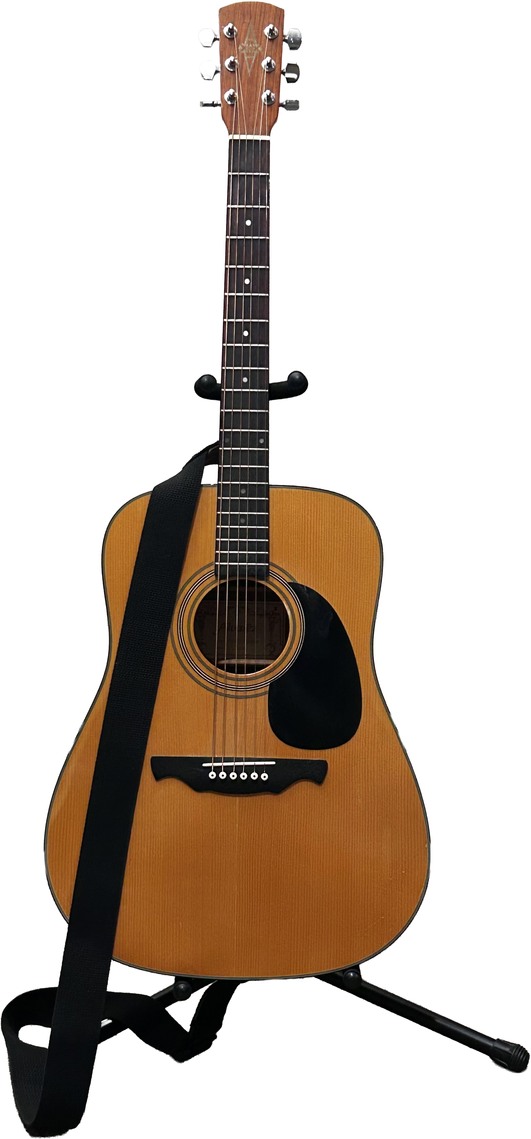 An acoustic guitar on its stand.