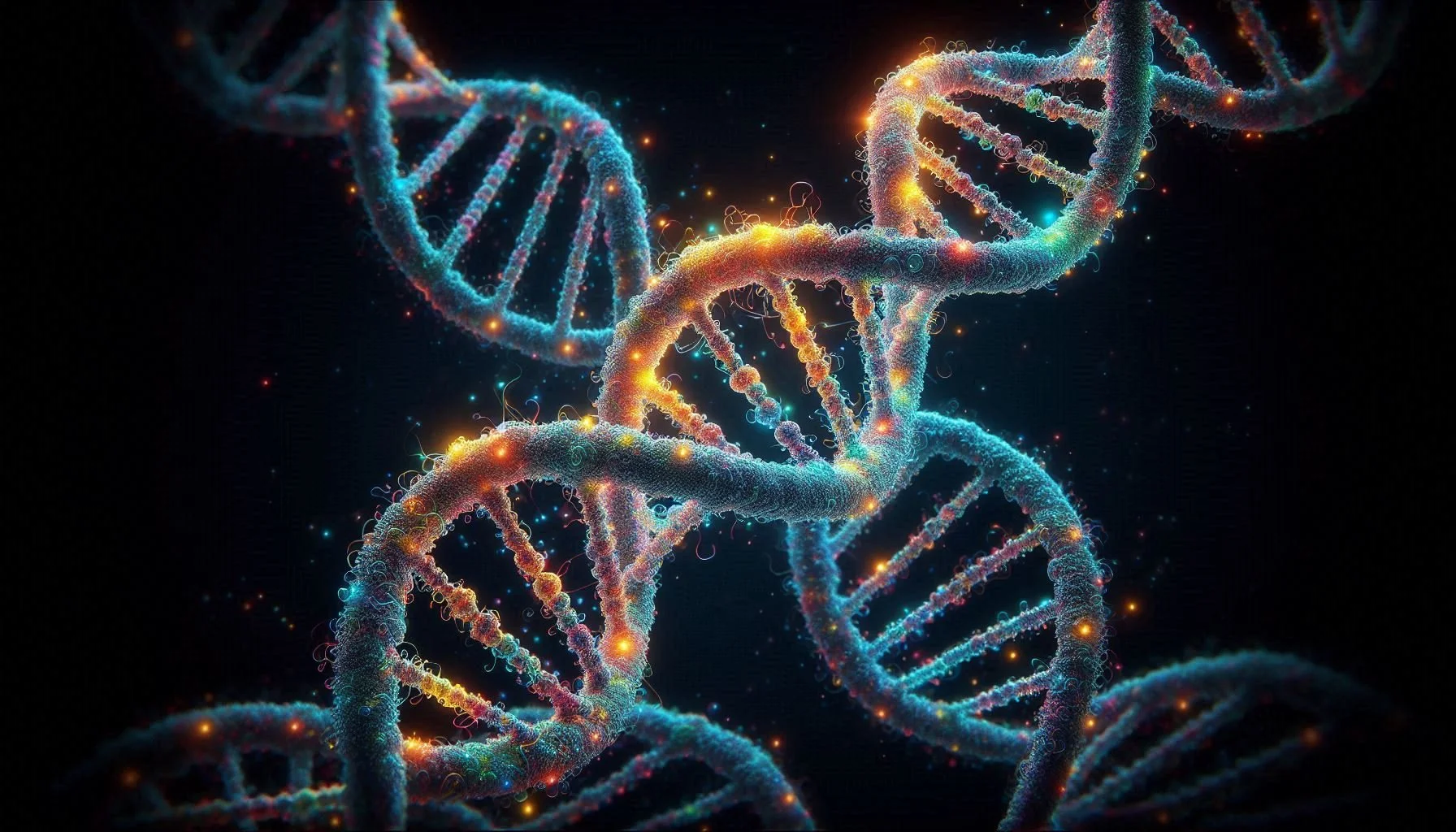 Artwork depicting to DNA strands crossing.