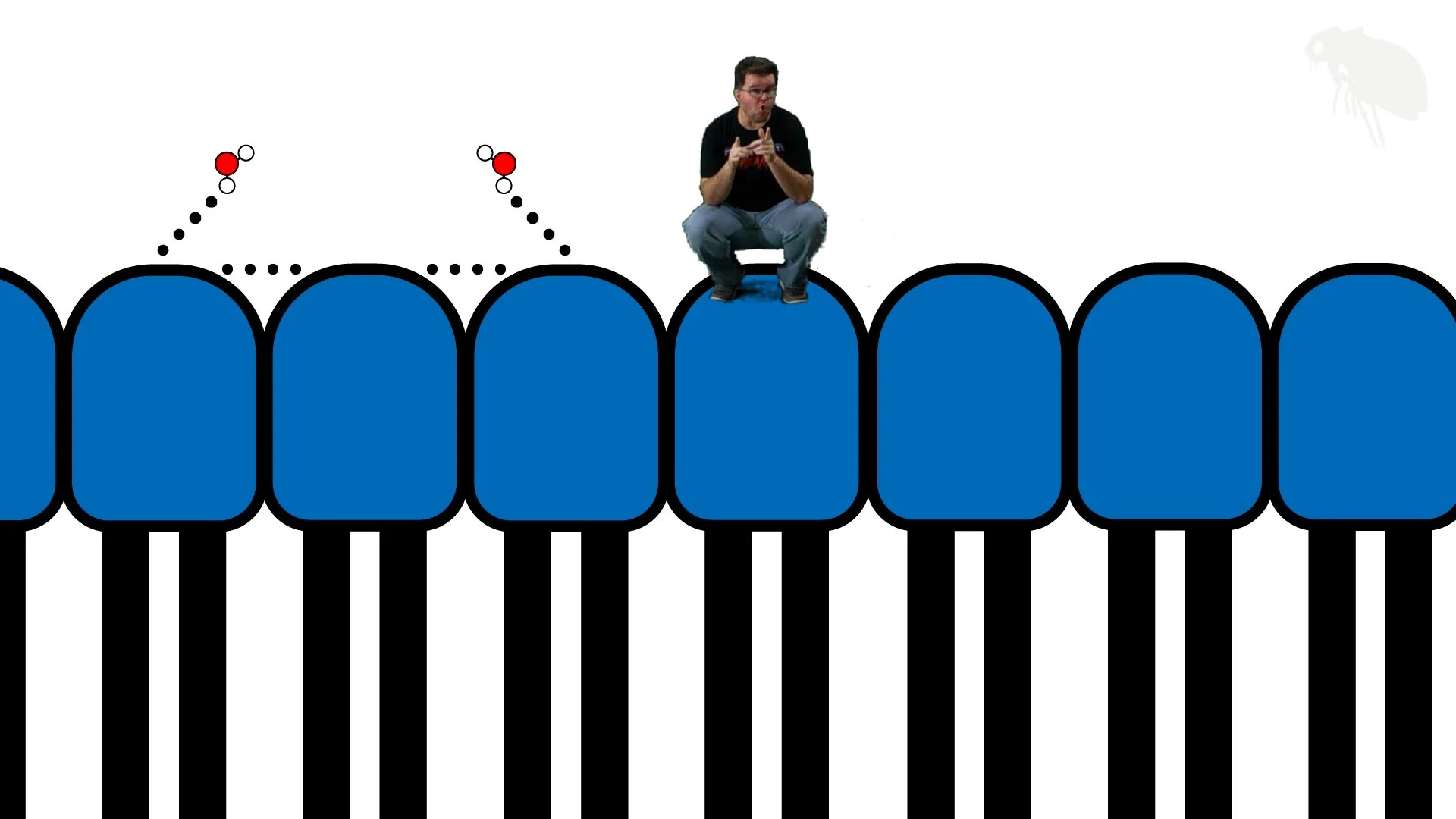 A man squatting atop a cartoon cell membrane.