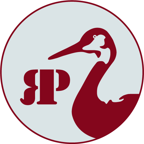 A logo featuring a red sandhill crane silhouette and the stenciled letters R and P.