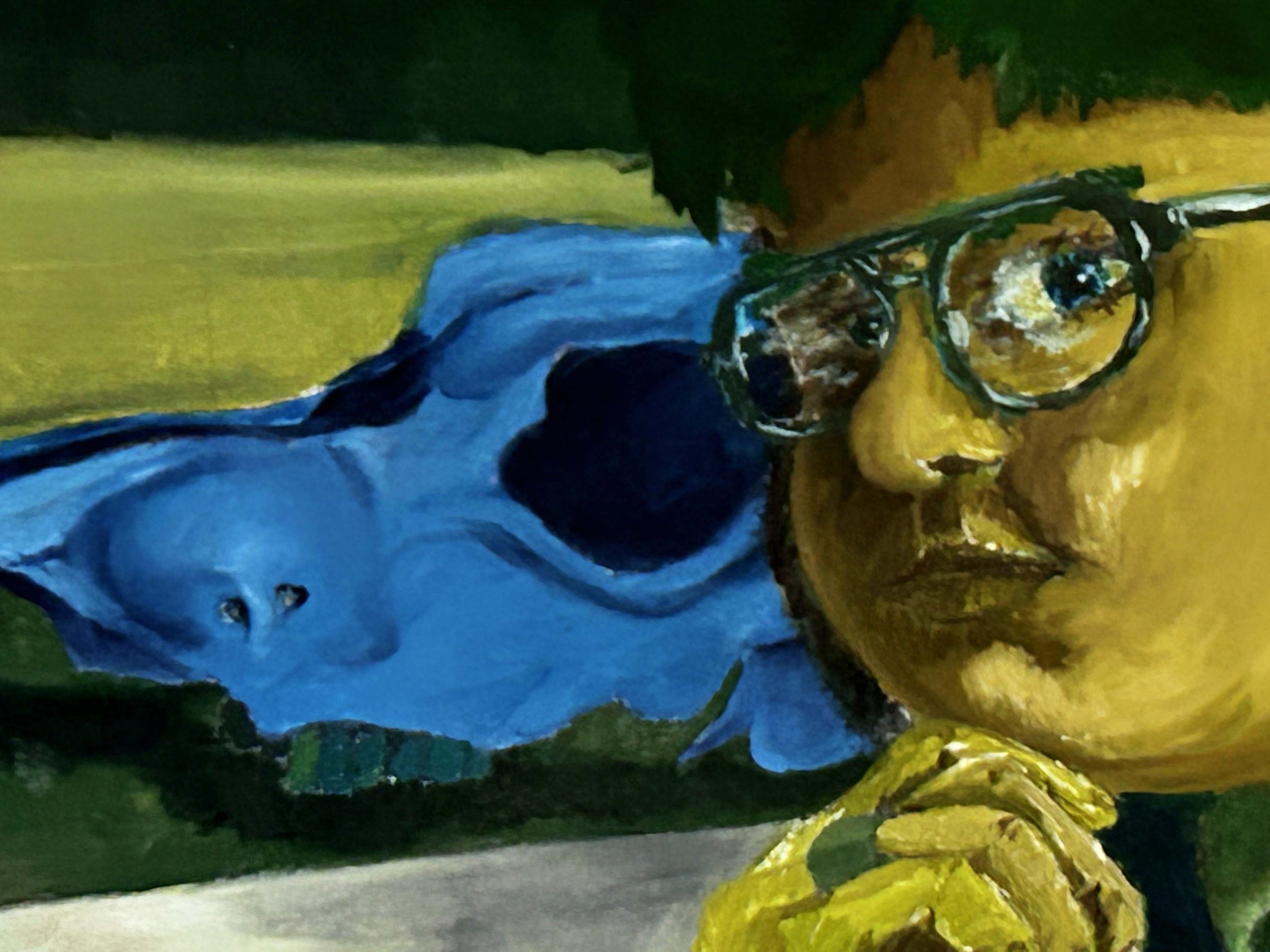 A monochromatic painting of a teenage boy with glasses sitting thoughtfully in front of a horse skull.