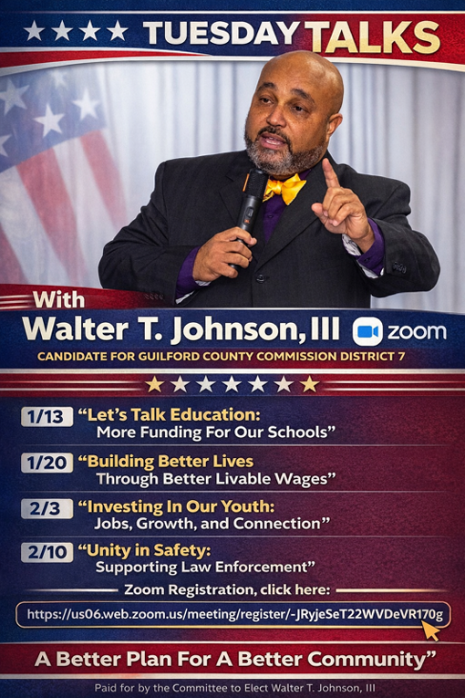 Man in suit and bow tie speaking at a microphone during a political event, with a banner behind him that reads "Tuesday Talks" and his name, Walter T. Johnson, III, as a candidate for Guilford County Commission District 7.