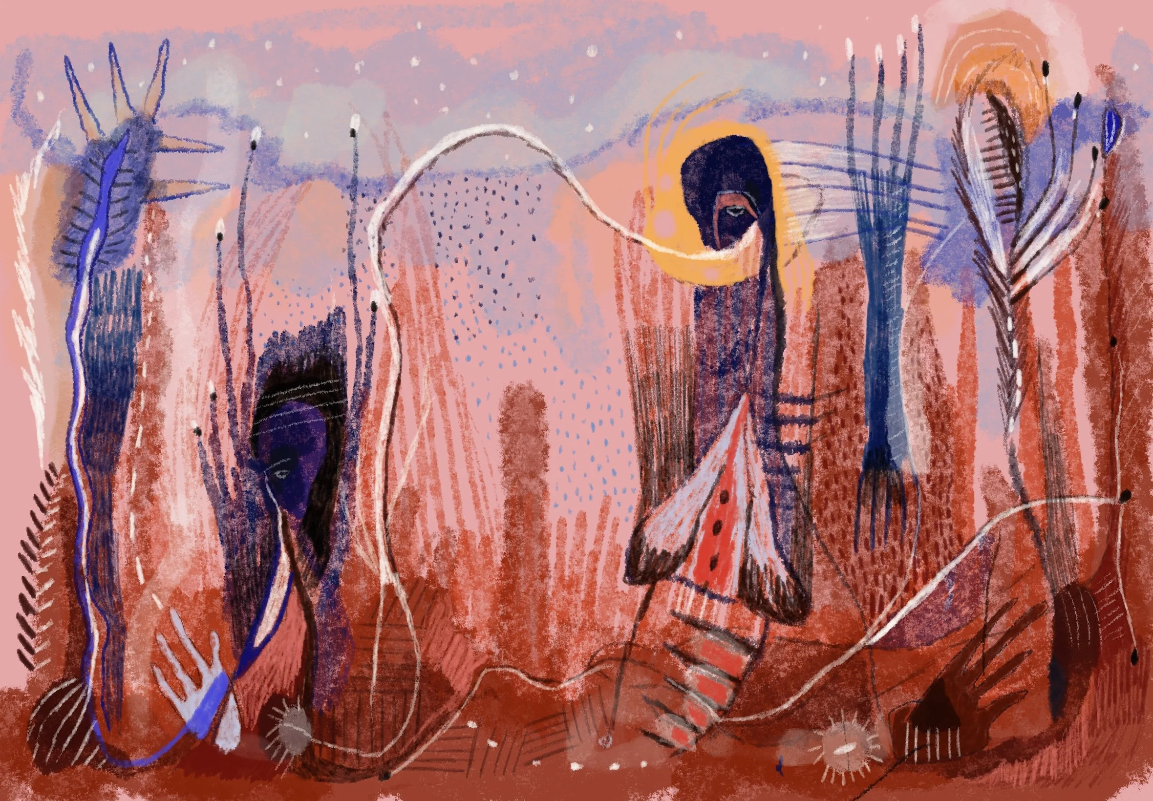 Abstract digital painting with organic shapes and vibrant colors, including reds, blues, black, and orange, featuring lines, dots, and textured patterns.