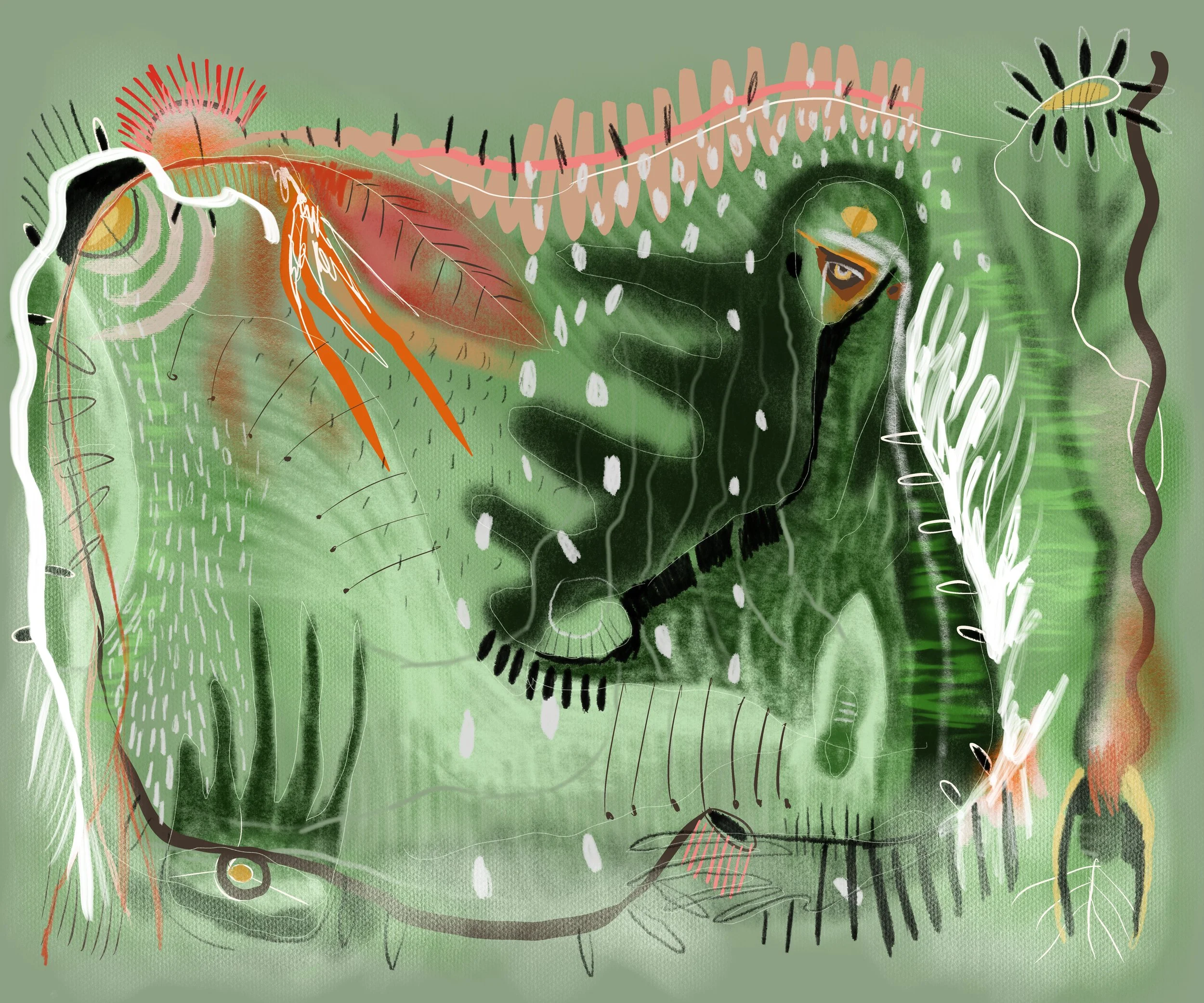 Abstract digital artwork of a chameleon with details of foliage and branches, featuring vibrant colors and intricate line work.