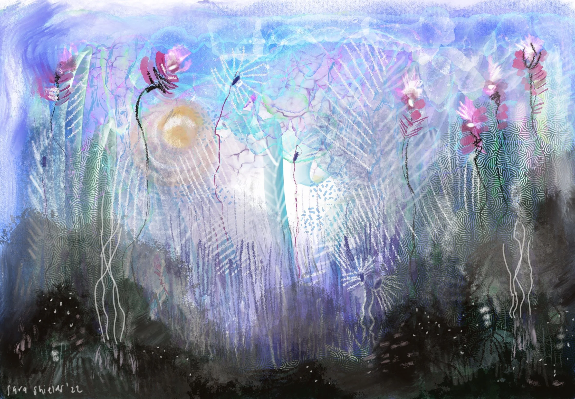 Abstract digital painting with bright colors featuring flowers with pink petals and tall, thin stems, and a background with swirling blues, purples, and hints of green, creating a dreamy, ethereal scene.