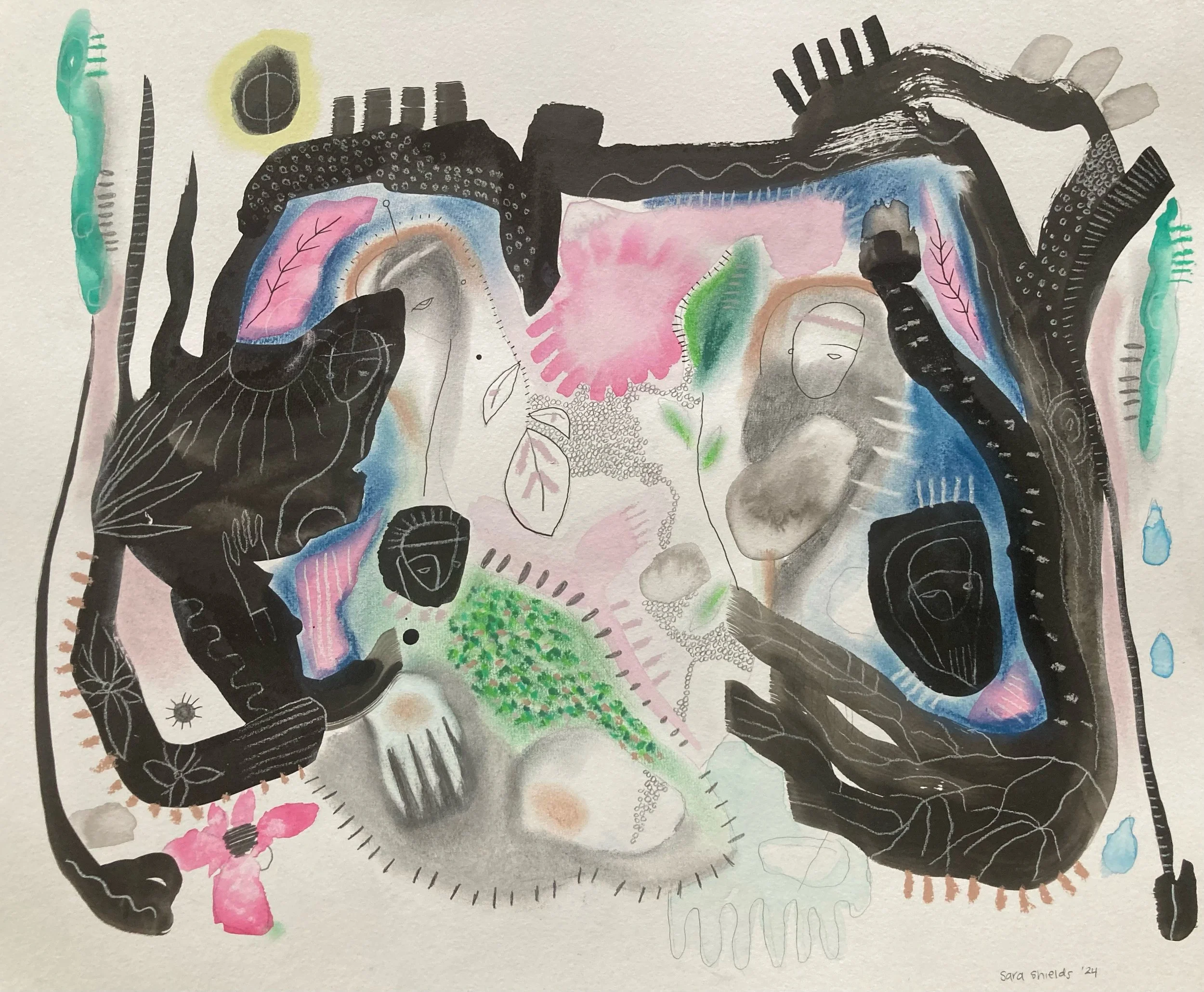 subliminal sun within the rorschach test, watercolour, ink, graphite, pen, pastel, charcoal on watercolour paper, 19 x 23" 

(Available for sale here: https://www.harding-gallery.com/sara-shields?page=2)