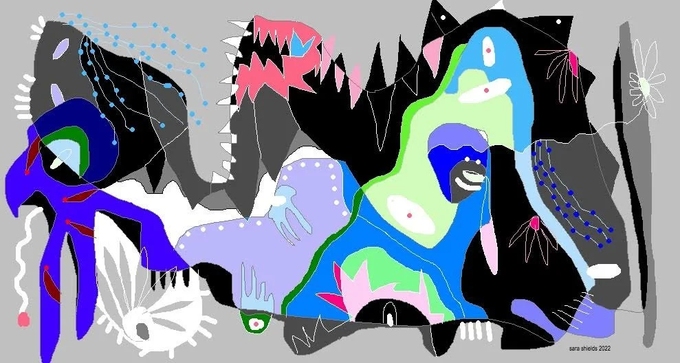 Abstract digital artwork featuring various animals including a large blue bird, a pink dinosaur, a tiger, a rabbit, and floral elements set against a gray background.