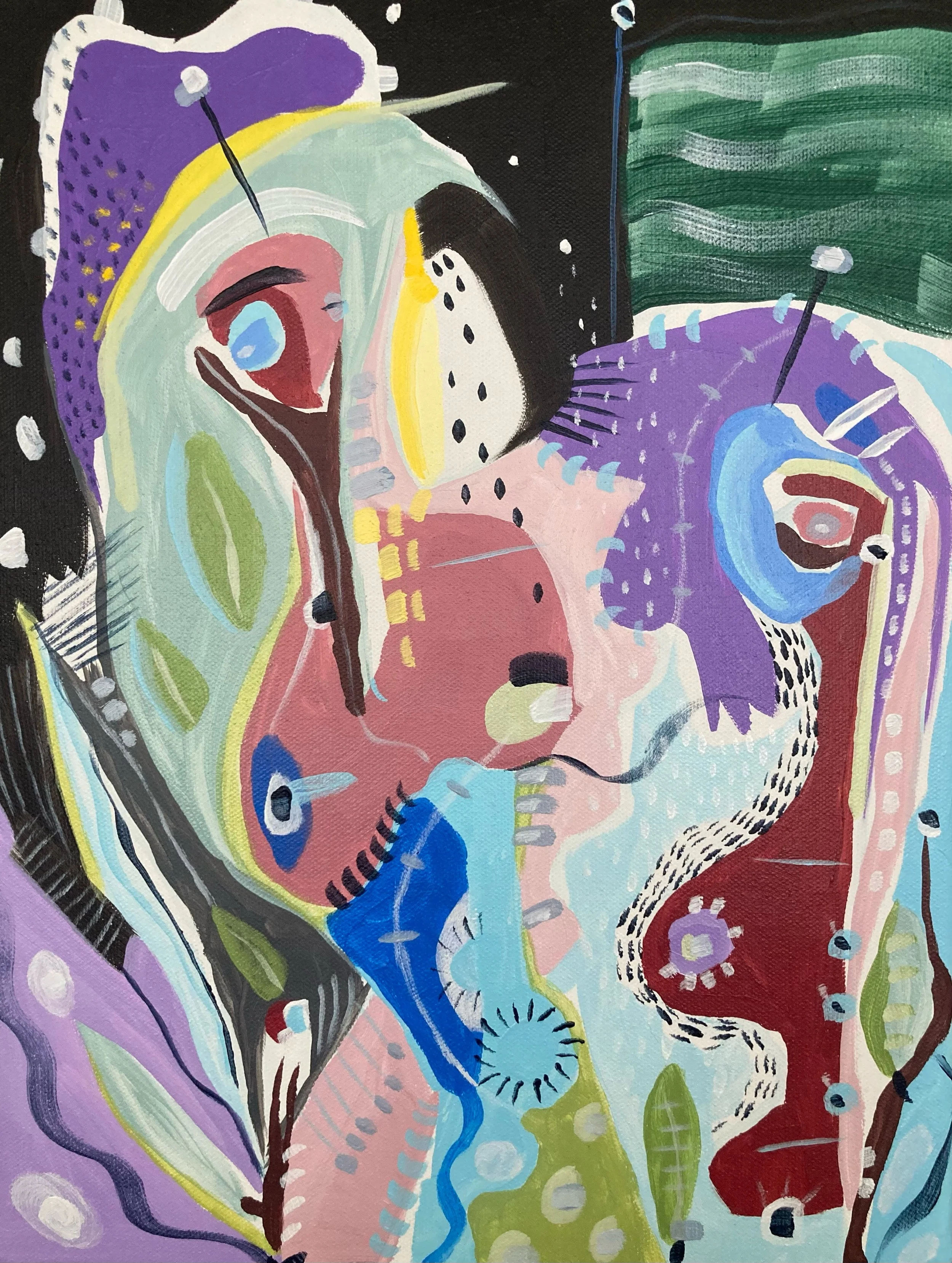 Abstract painting featuring colorful organic shapes, lines, and patterns in purple, green, blue, red, yellow, and black.