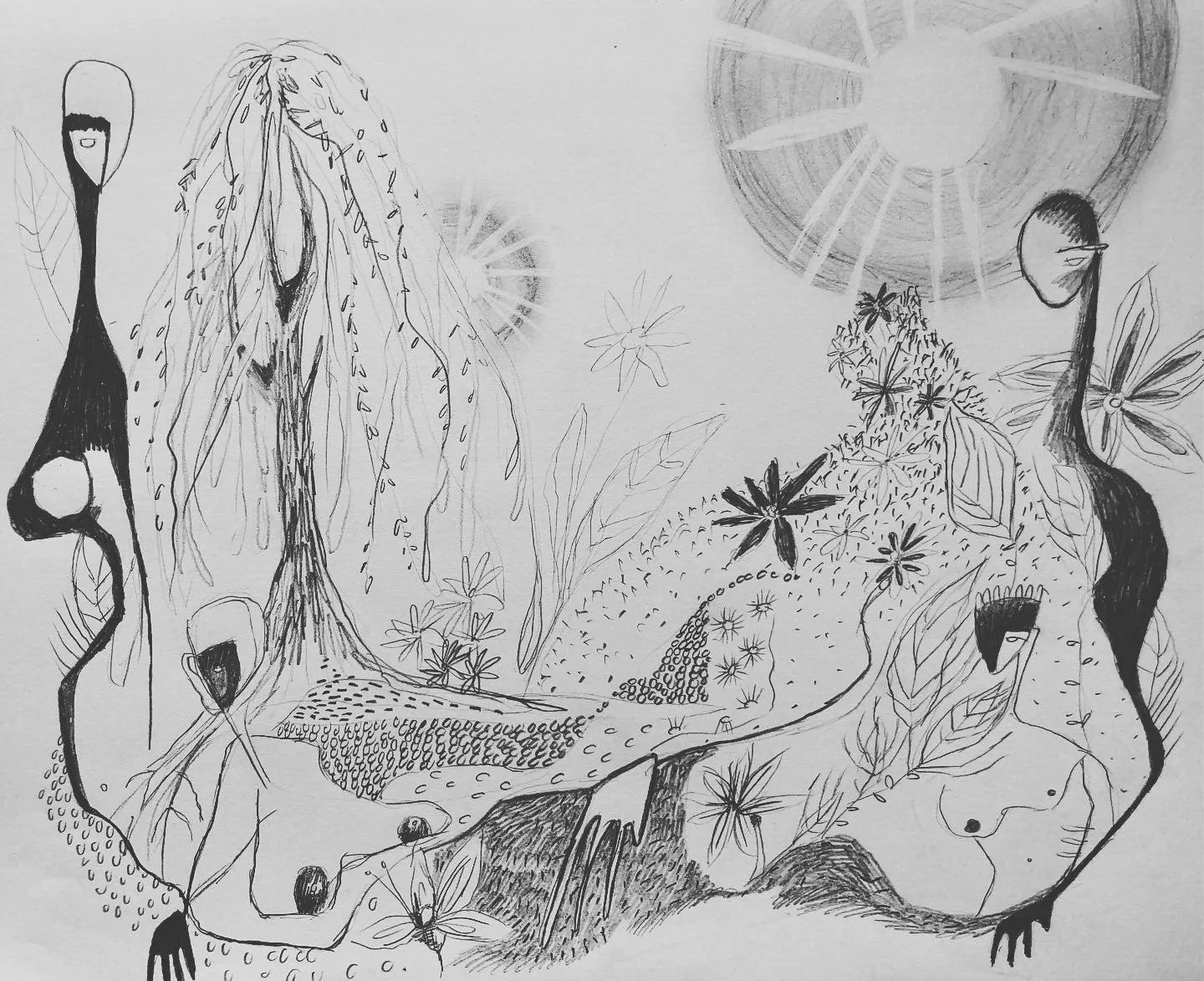 Black ink drawing of a fantasy landscape with trees, flowers, and a sun in the sky.