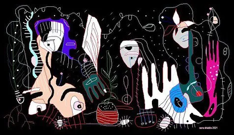 Abstract digital artwork with various stylized hands, faces, eyes, and organic shapes in contrasting colors on a black background.