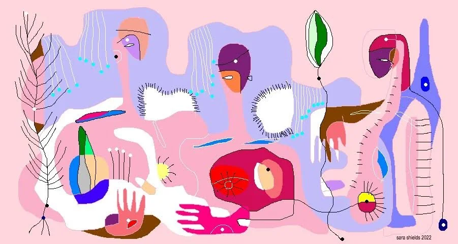 Abstract colorful digital artwork featuring various organic shapes, lines, and patterns in pastel pink, purple, blue, green, red, and white, resembling stylized plants or creatures.