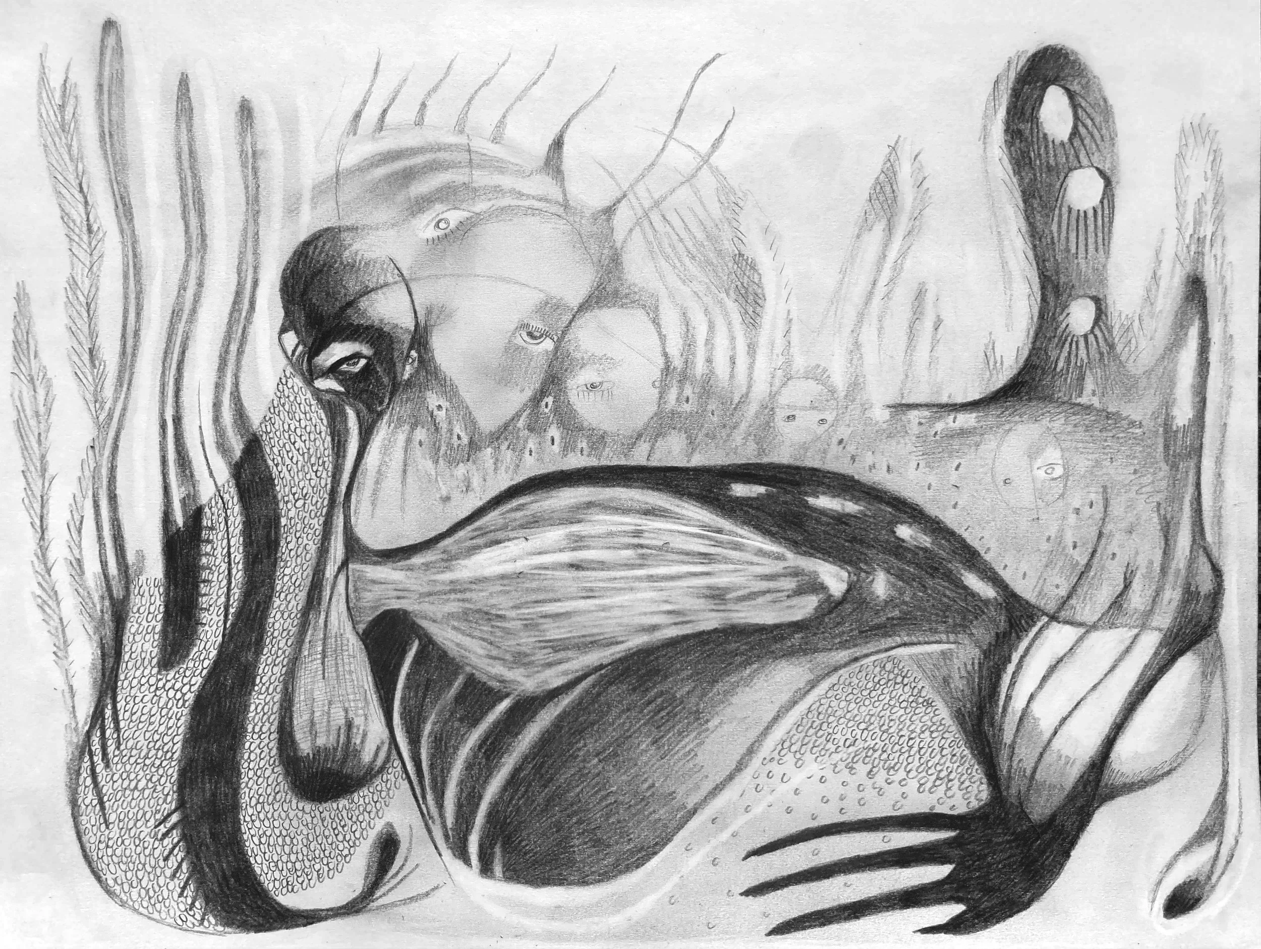 A surreal, abstract black and white drawing featuring distorted human faces, eyes, and hands intertwined with flowing, organic lines and patterns.