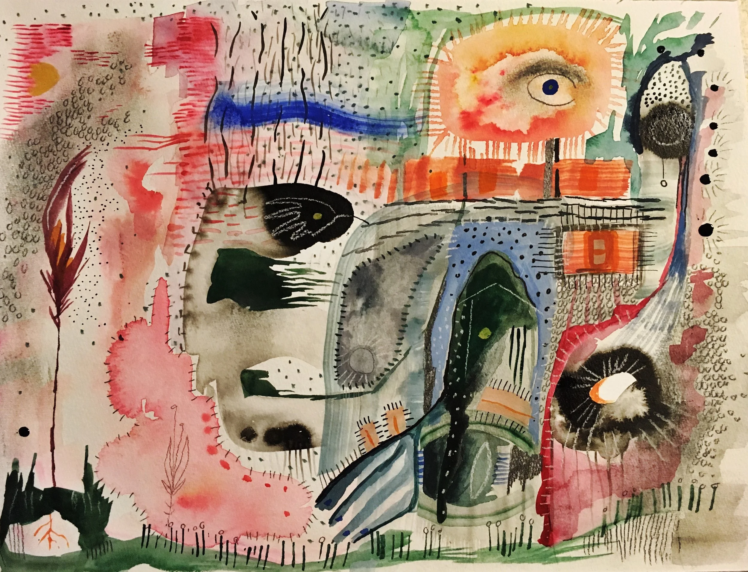 Missile Garden, watercolour, pen, ink, graphite on watercolour paper, 12 x 15" (Sold)