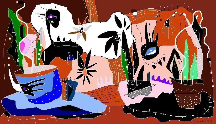 Abstract digital artwork featuring potted plants, vases, and animal-like shapes with bold black outlines and colorful geometric elements, set against a reddish-brown background.