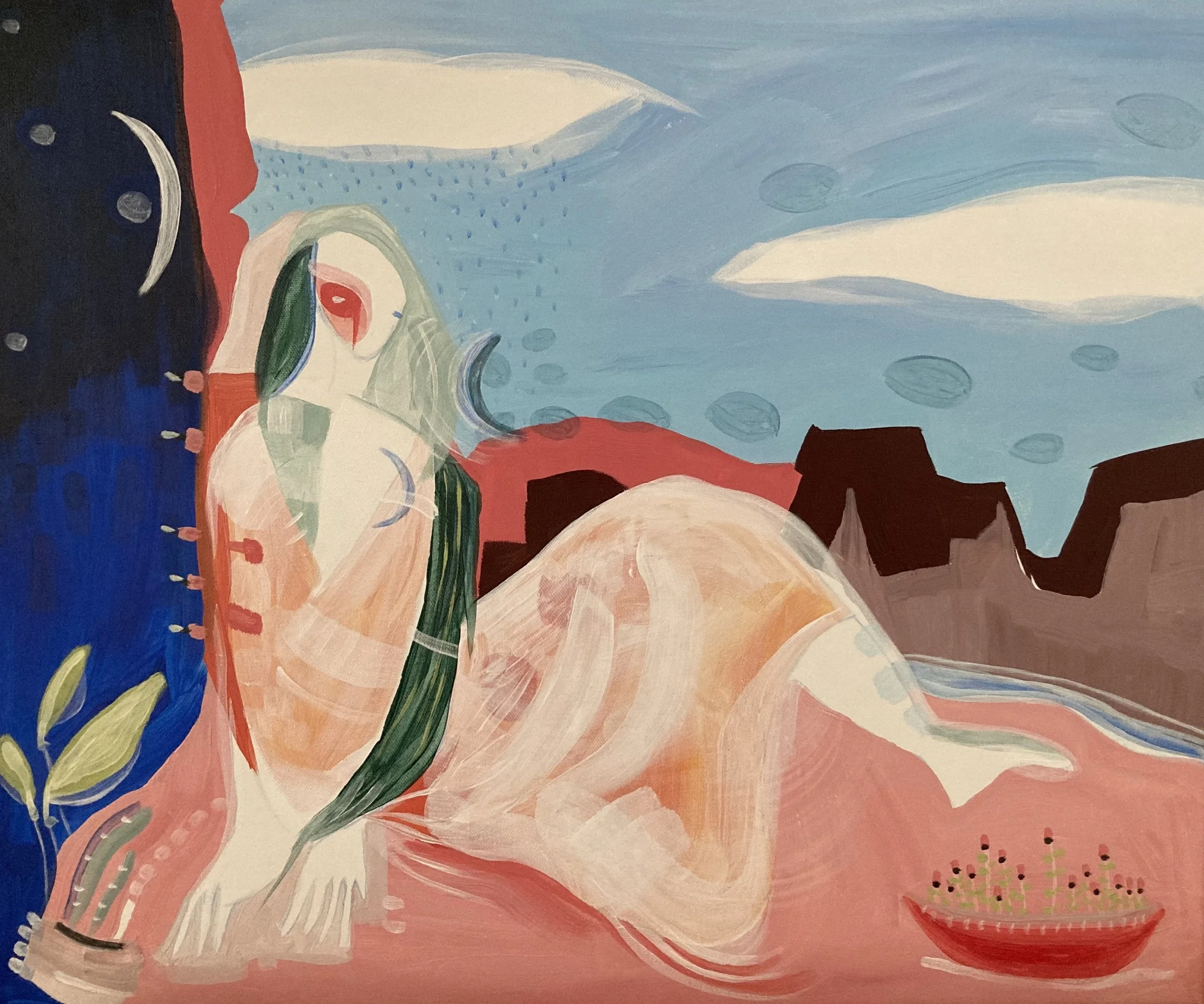 Seeking Orbs at the Bluffs, acrylic on canvas,
24 x 20" (Available for sale here: https://www.harding-gallery.com/sara-shields?page=2)