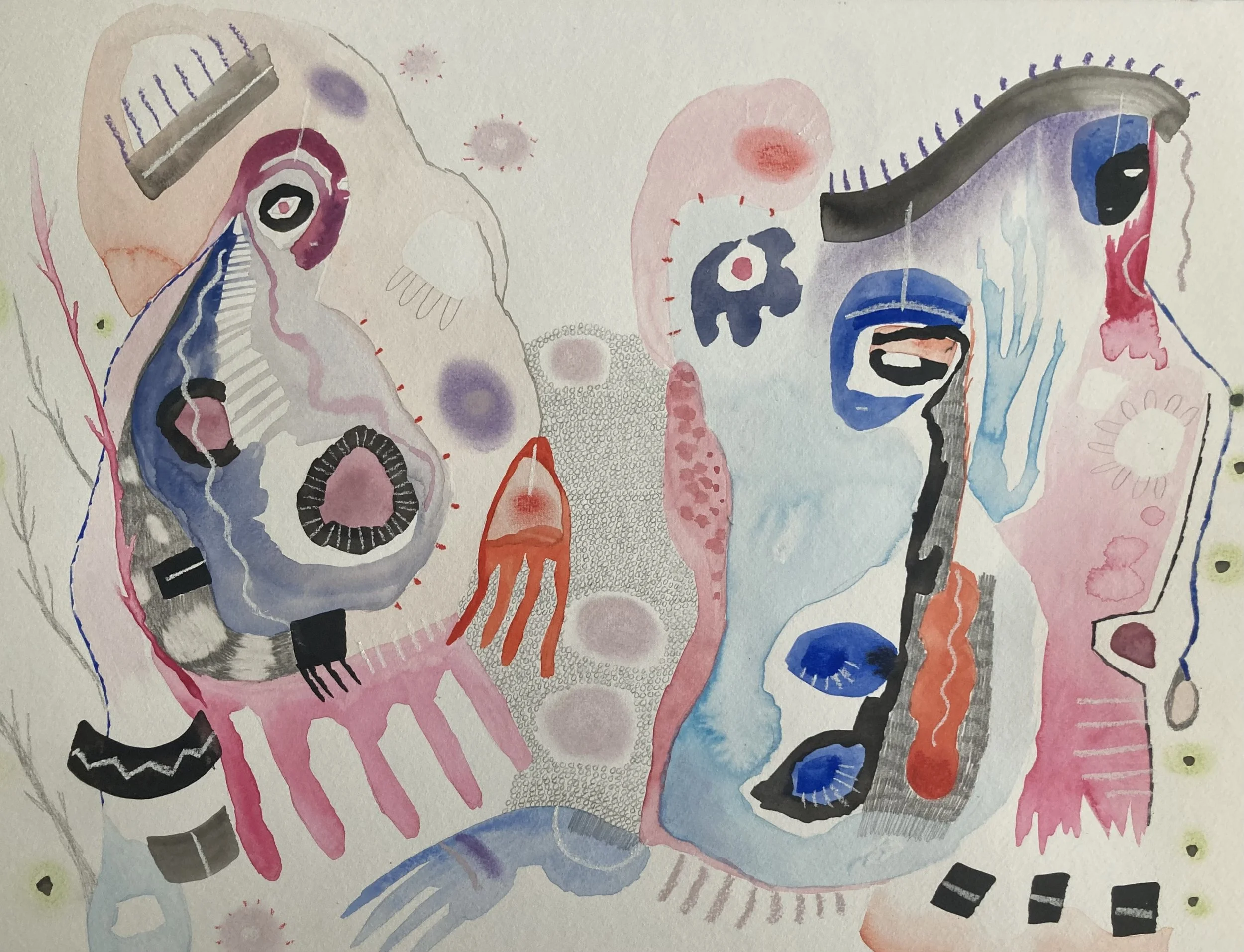 Abstract watercolor painting featuring two stylized faces with various shapes, lines, and colors, including pinks, blues, black, and red.