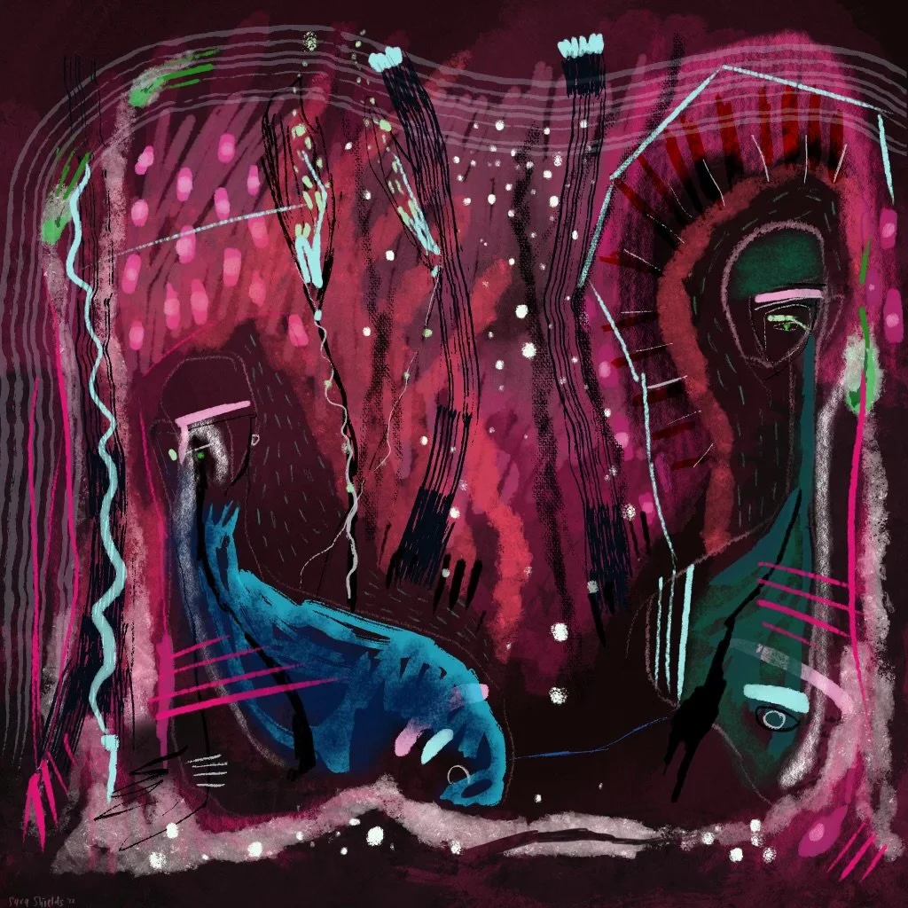 Abstract digital artwork depicting two humanoid figures with elongated features, surrounded by vibrant pink, purple, green, and blue colors with splashes of white, lines, and geometric shapes.