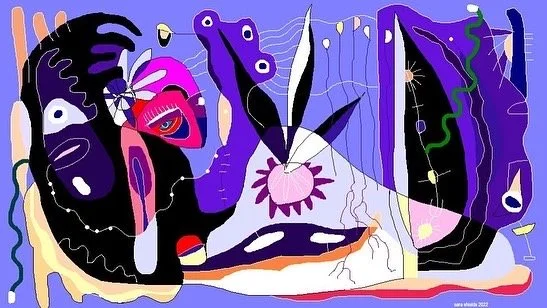 Abstract colorful artwork with various shapes, lines, and patterns in purple, pink, black, white, and yellow.