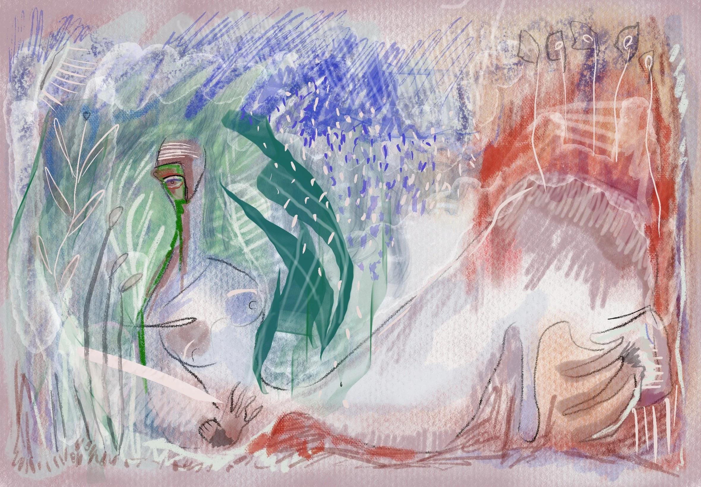 A colorful abstract digital illustration of a reclining nude woman surrounded by lush green plants and foliage, with a vibrant background of blue, red, and purple hues.