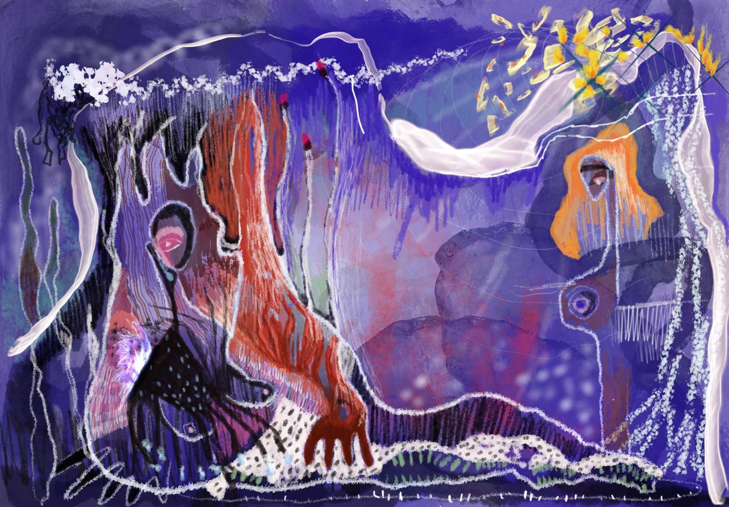 Abstract digital painting with vibrant colors, featuring large fluid shapes, textures, and lines in shades of blue, orange, purple, and white, depicting a surreal landscape with abstract figures and patterns.