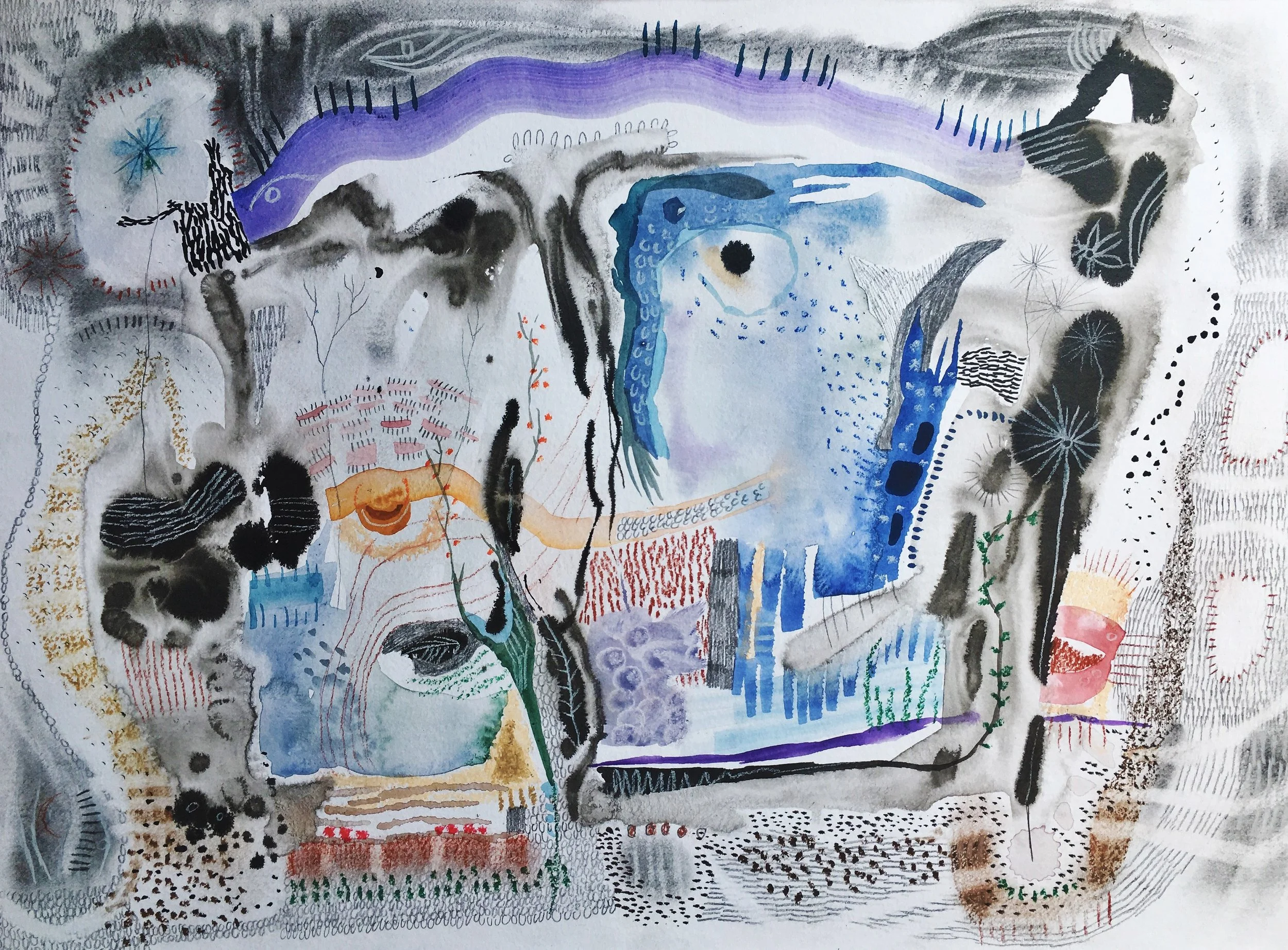 bluefish, watercolour, pen, ink, graphite on watercolour paper, 9 x 12" 