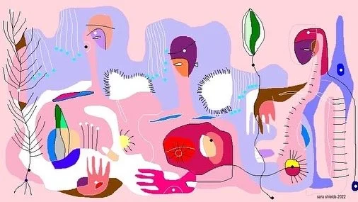 Abstract colorful illustration with stylized animals, plants, and shapes in pastel and vibrant colors.