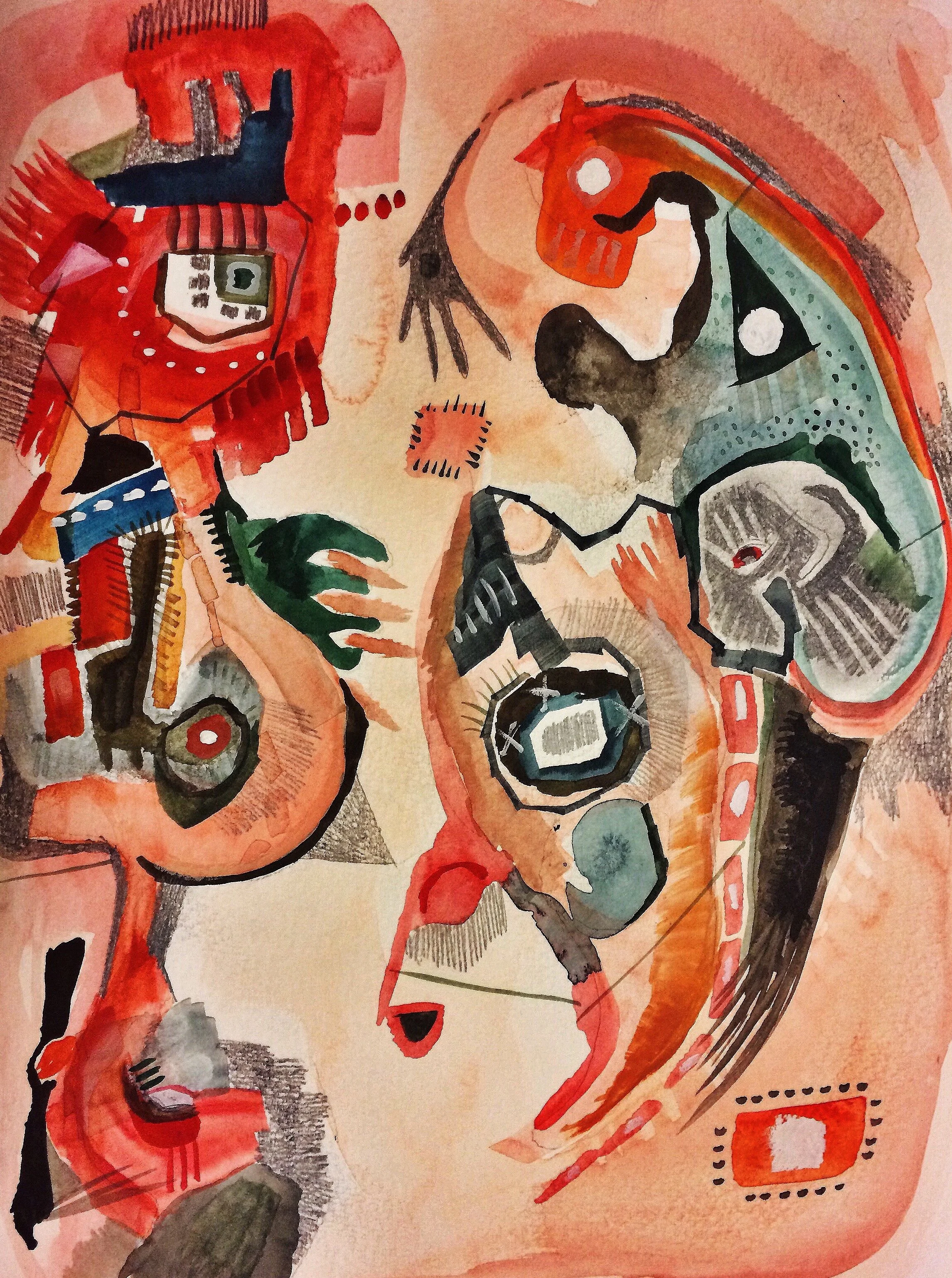 heat, watercolour, pen, ink, graphite on watercolour paper, 9 x 12" 