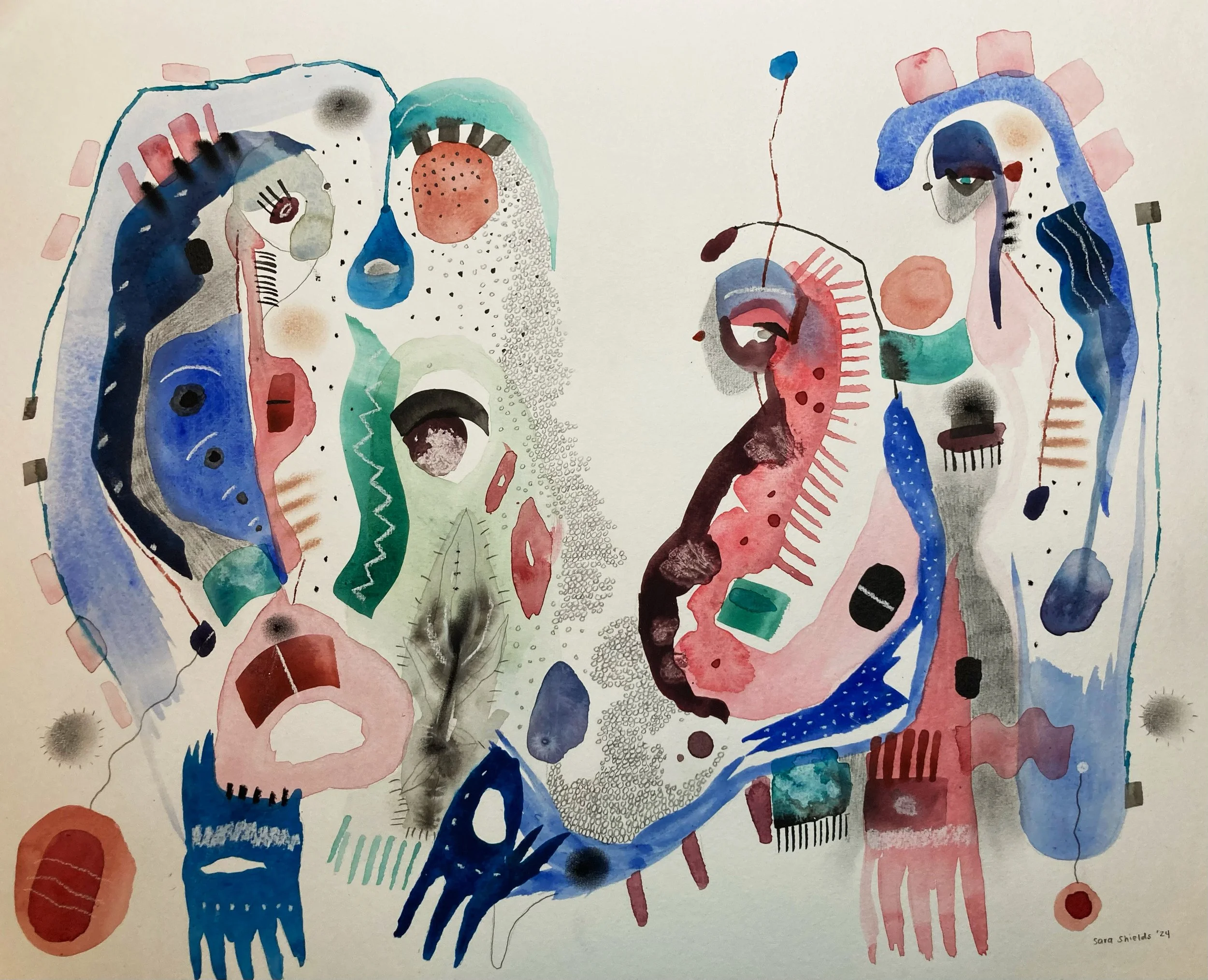 The Wine Spill, watercolour, pastel, ink, charcoal, graphite on watercolour paper, 19 x 23" (Sold)