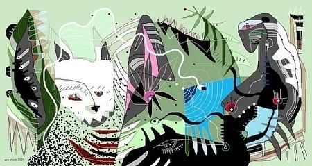 Abstract illustration of various animals including a white cat, a black panther, a snake, and a bird, with greenery and plant elements.