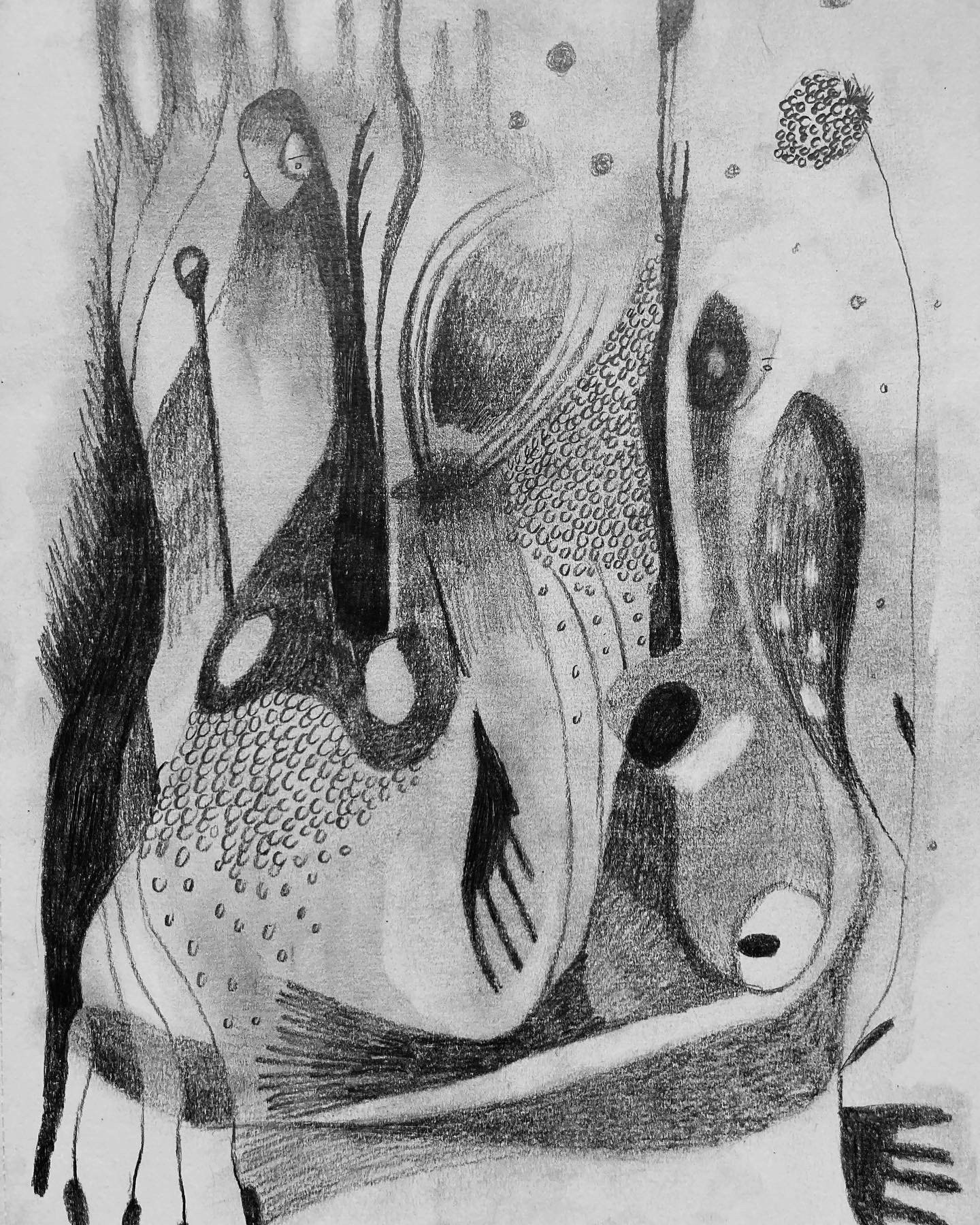 Abstract pencil drawing of a woman with long hair, surrounded by organic shapes and textures.