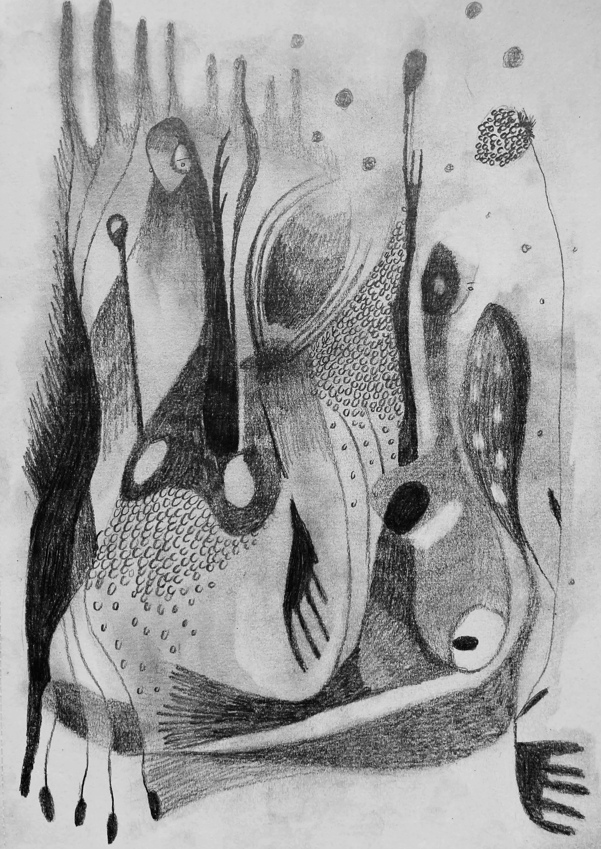 Abstract black and white pencil drawing featuring distorted, elongated figures and various organic shapes and textures.
