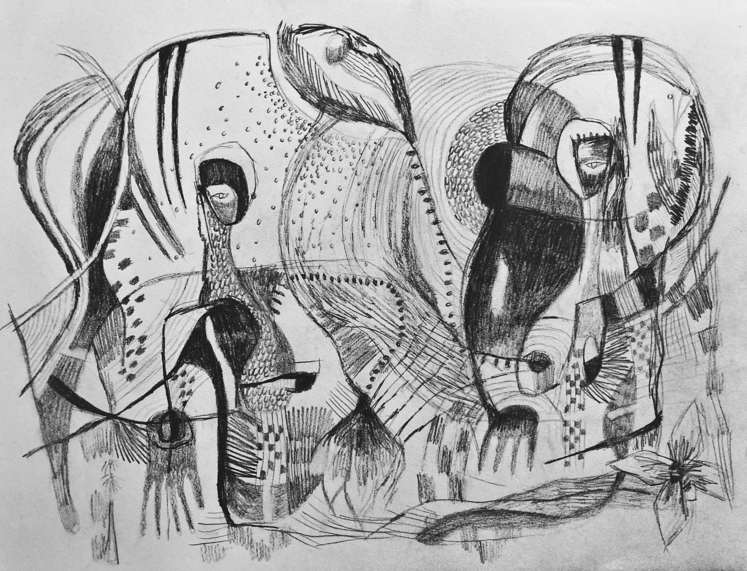 Black and white abstract drawing with mostly curved lines, shapes, and patterns, including human faces with eyes and noses, within a complex composition.