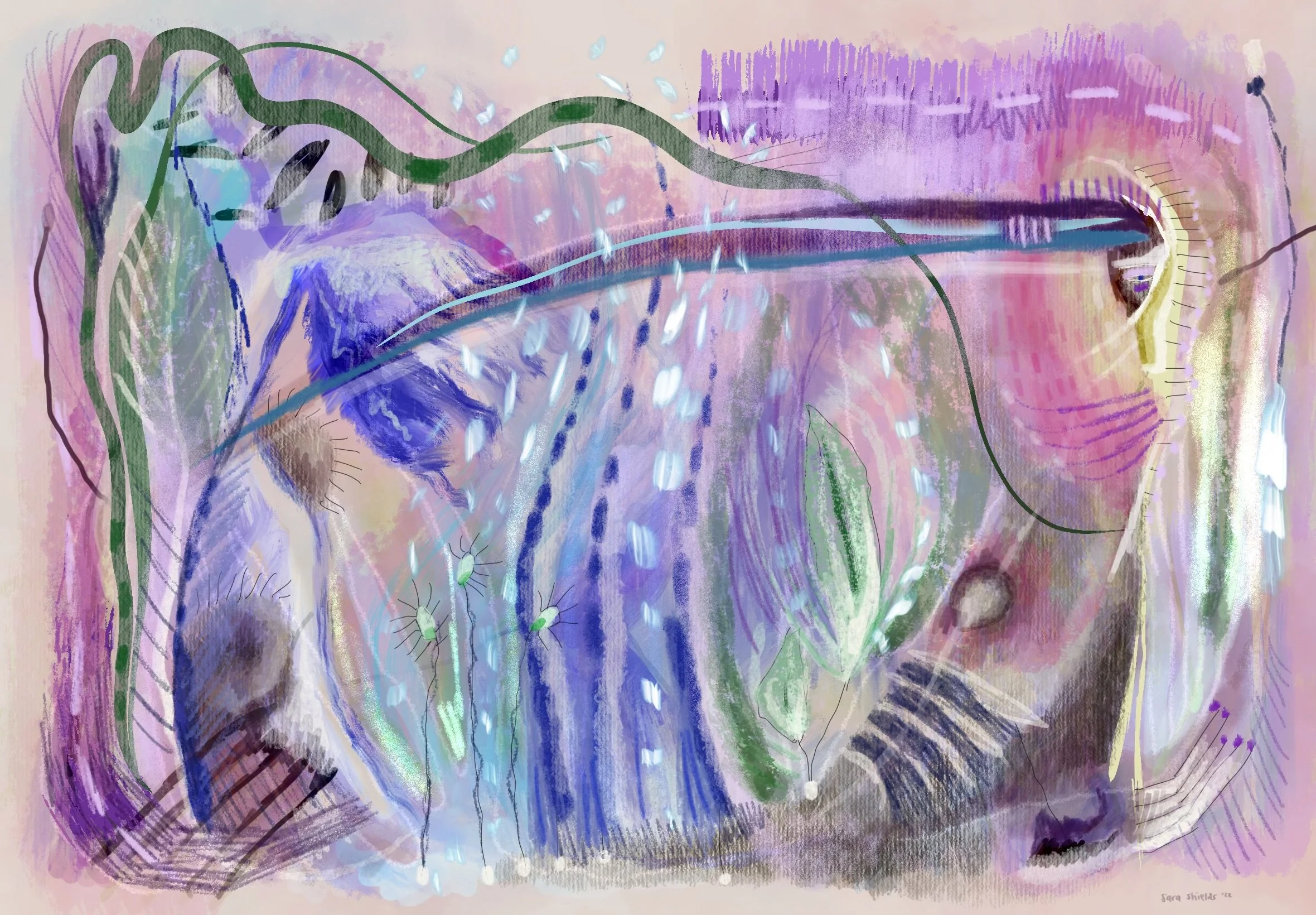 Abstract colorful digital artwork with swirling shapes and lines in shades of purple, pink, green, and blue, resembling a surreal landscape or dreamscape.