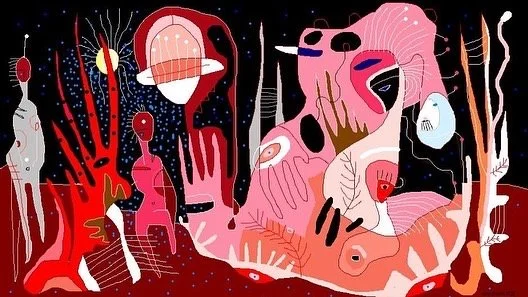 Abstract colorful scene with various shapes resembling trees, a bird, and other natural elements in pink, red, white, and black hues.