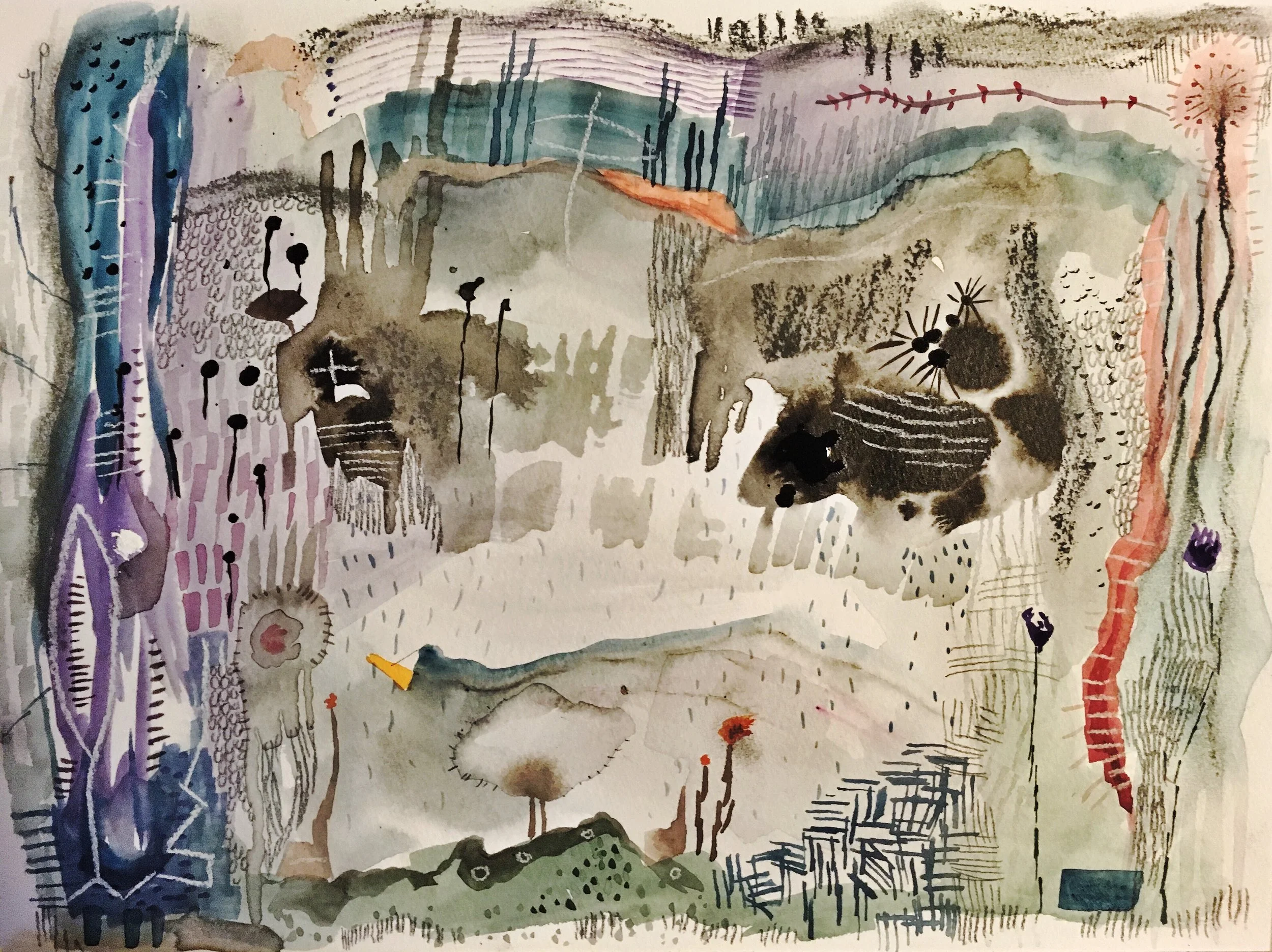 can't outrun alien electricity, watercolour, pen, ink, graphite on watercolour paper, 9 x 12" 