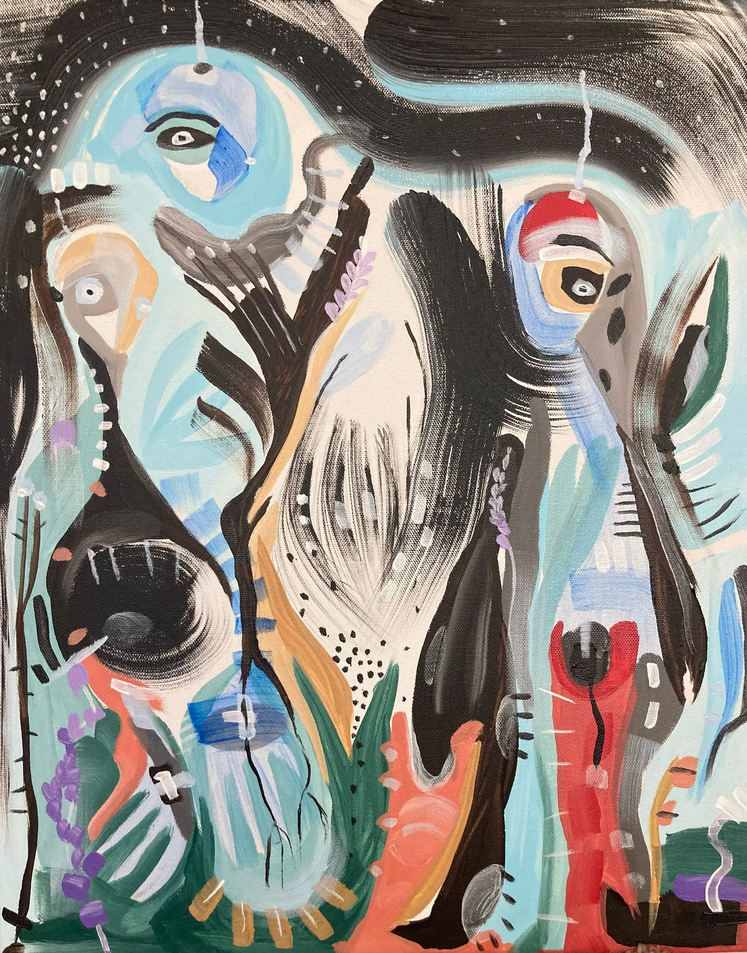Abstract painting featuring distorted human and animal faces with bold brushstrokes in black, white, blue, red, and green.