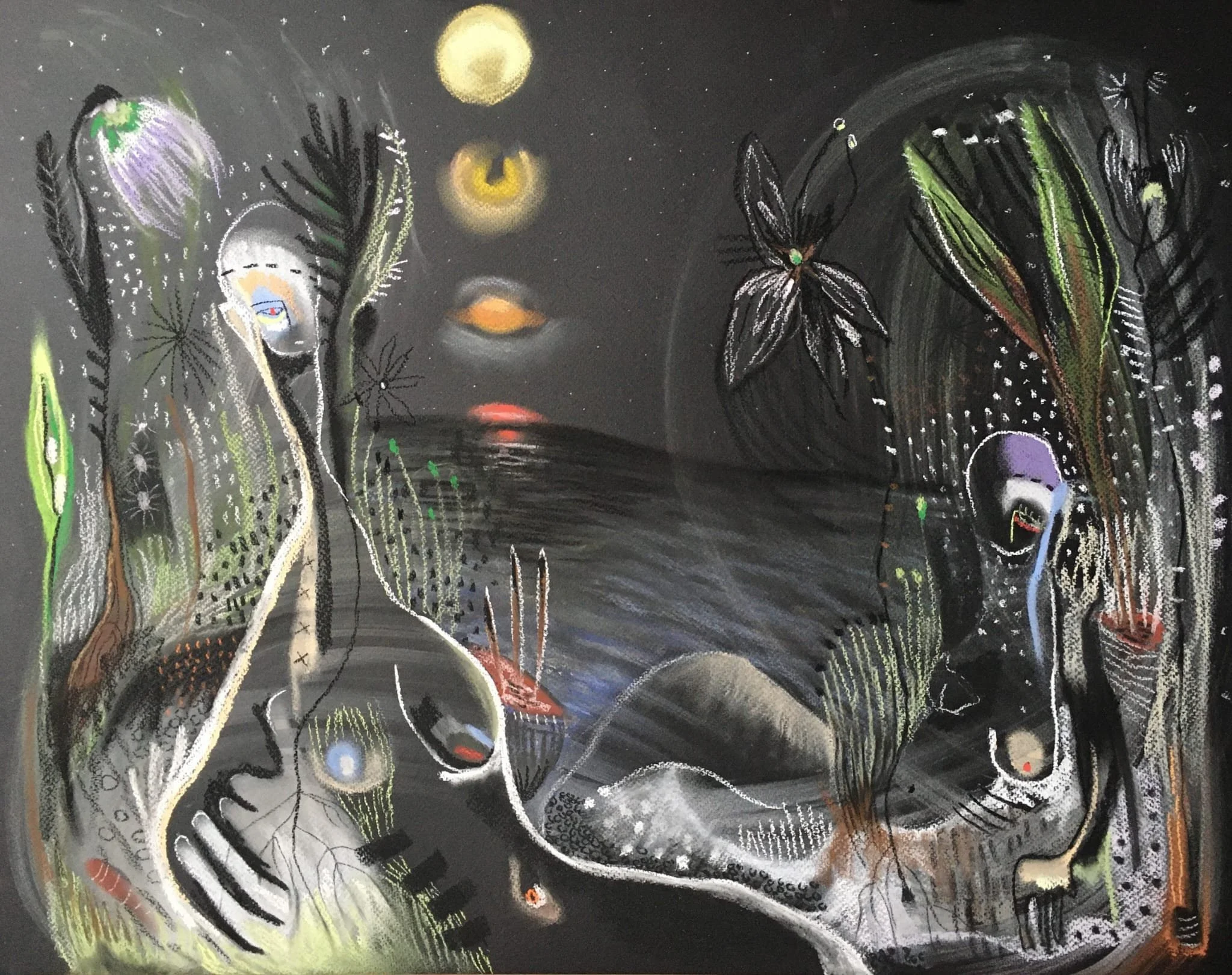 through the dark and despair, the saturated moonrise led our way home, chalk pastel on paper, 20 x 24" (framed)