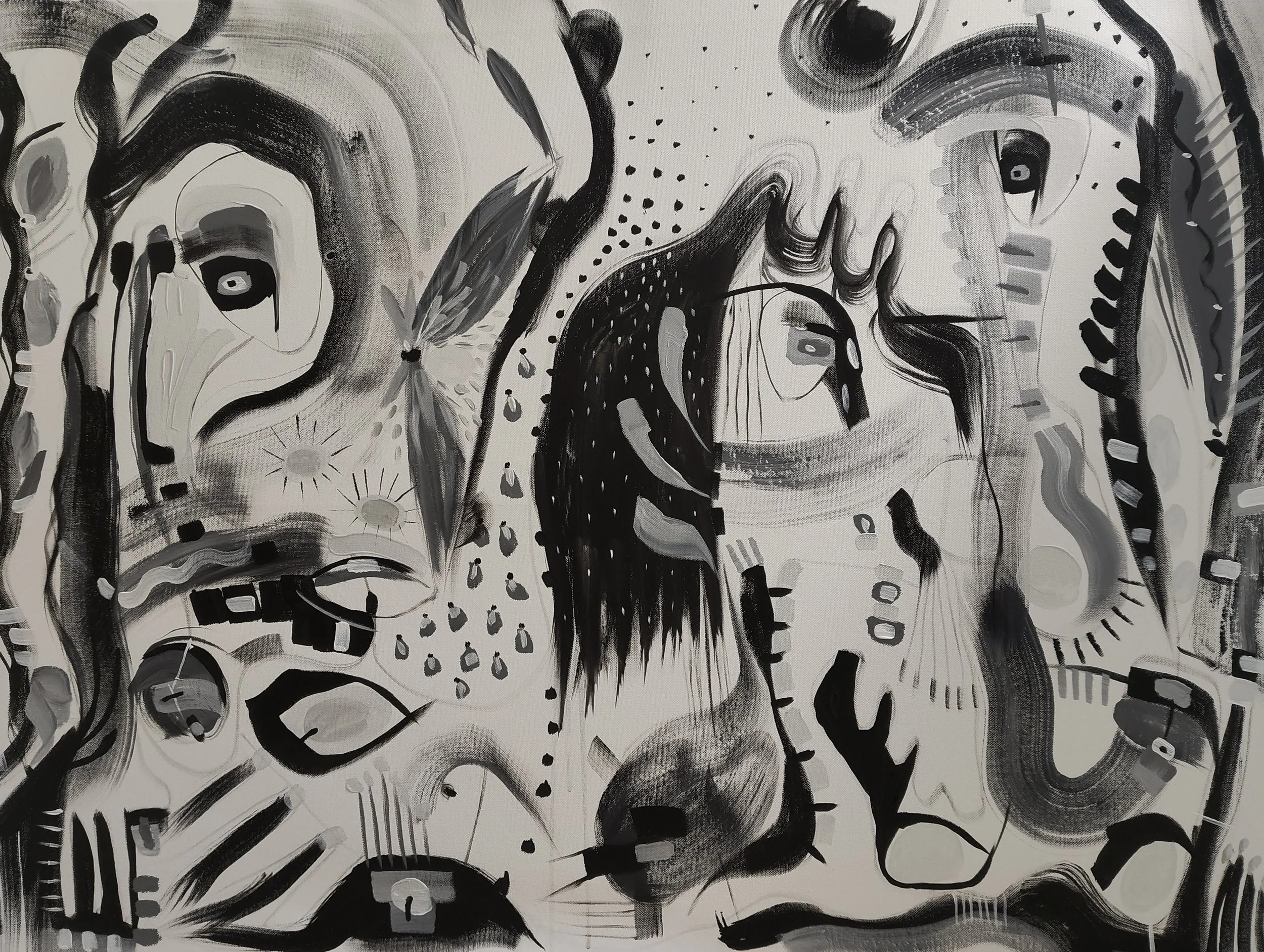 Shadow Comets, acrylic on canvas,
30 x 40" (Available for sale here: https://www.harding-gallery.com/sara-shields?page=2)