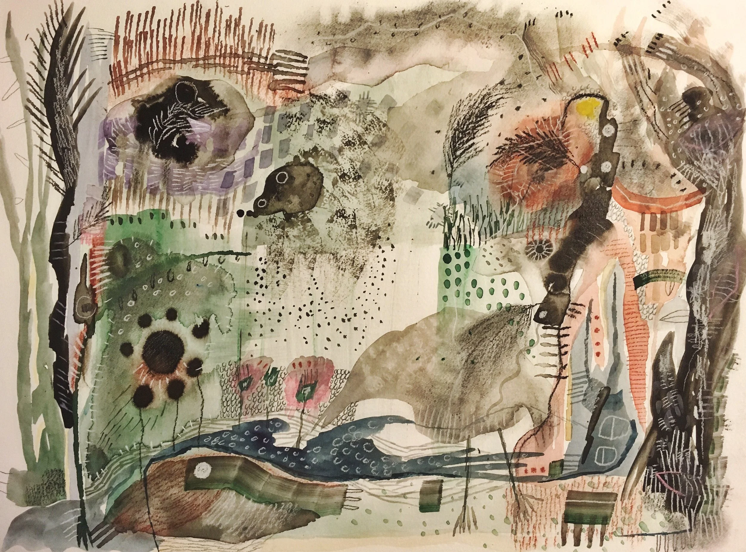 in the heart of chemical rain, watercolour, pen, ink, graphite on watercolour paper, 9 x 12" 