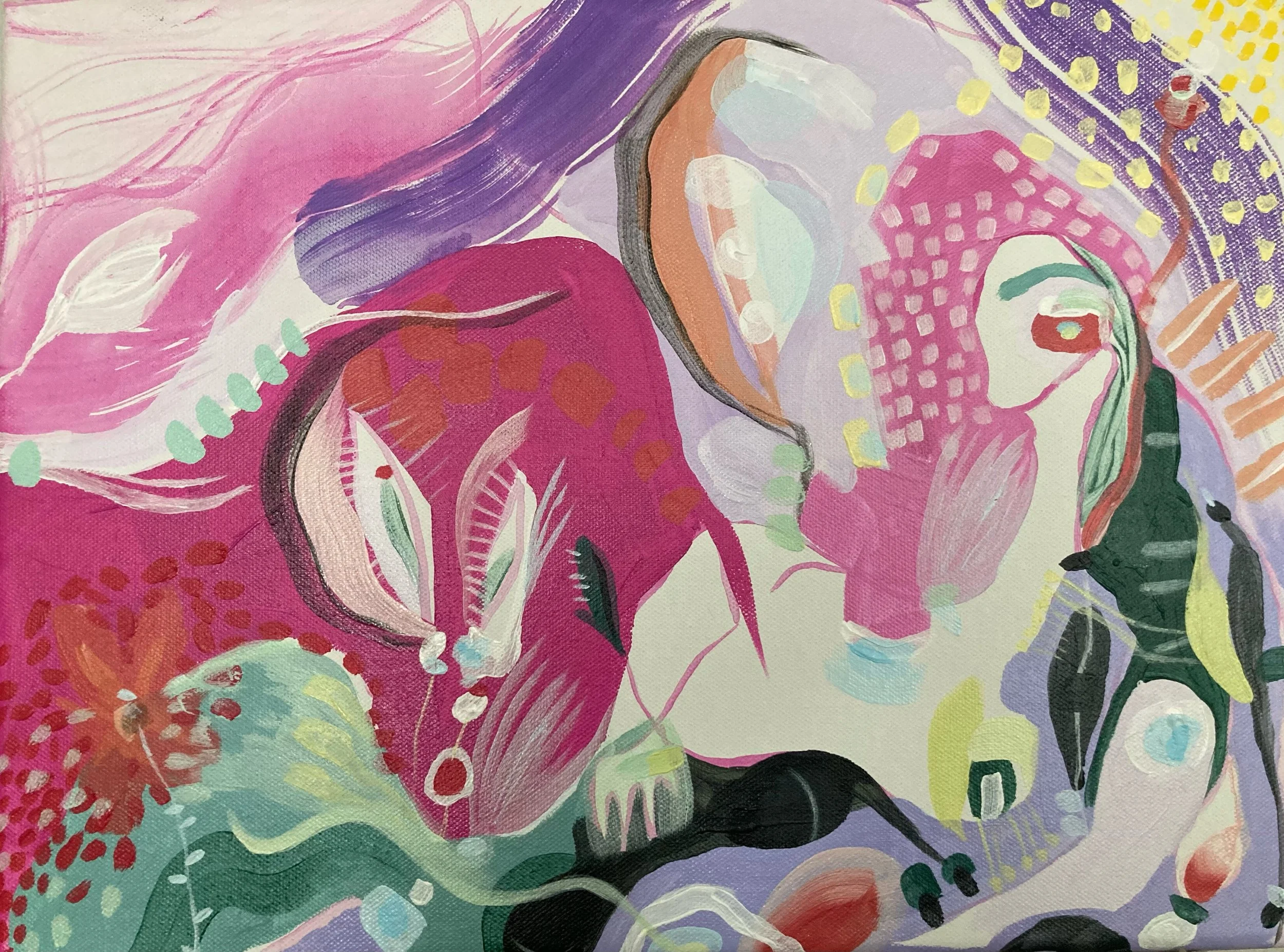 Abstract painting featuring stylized faces, floral elements, and organic shapes in pink, purple, green, and orange tones.
