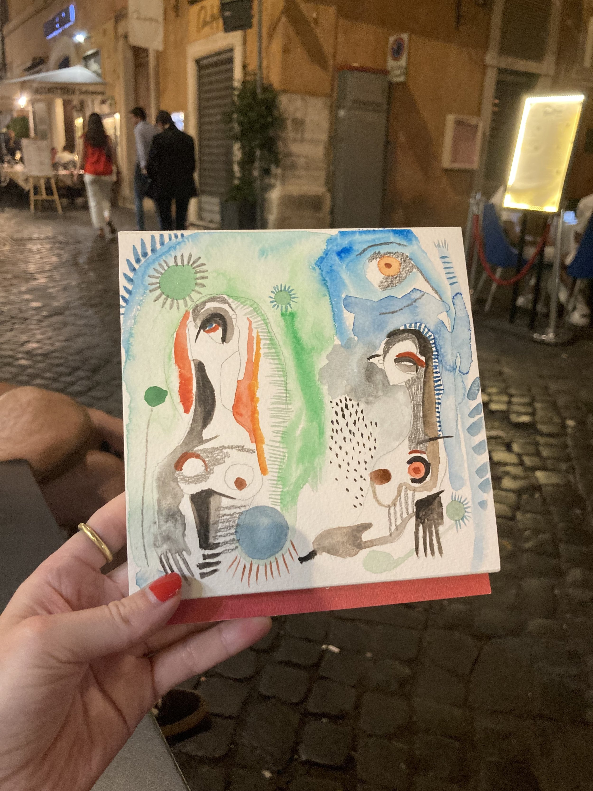 Mixed media watercolour painting created on-site in Rome.